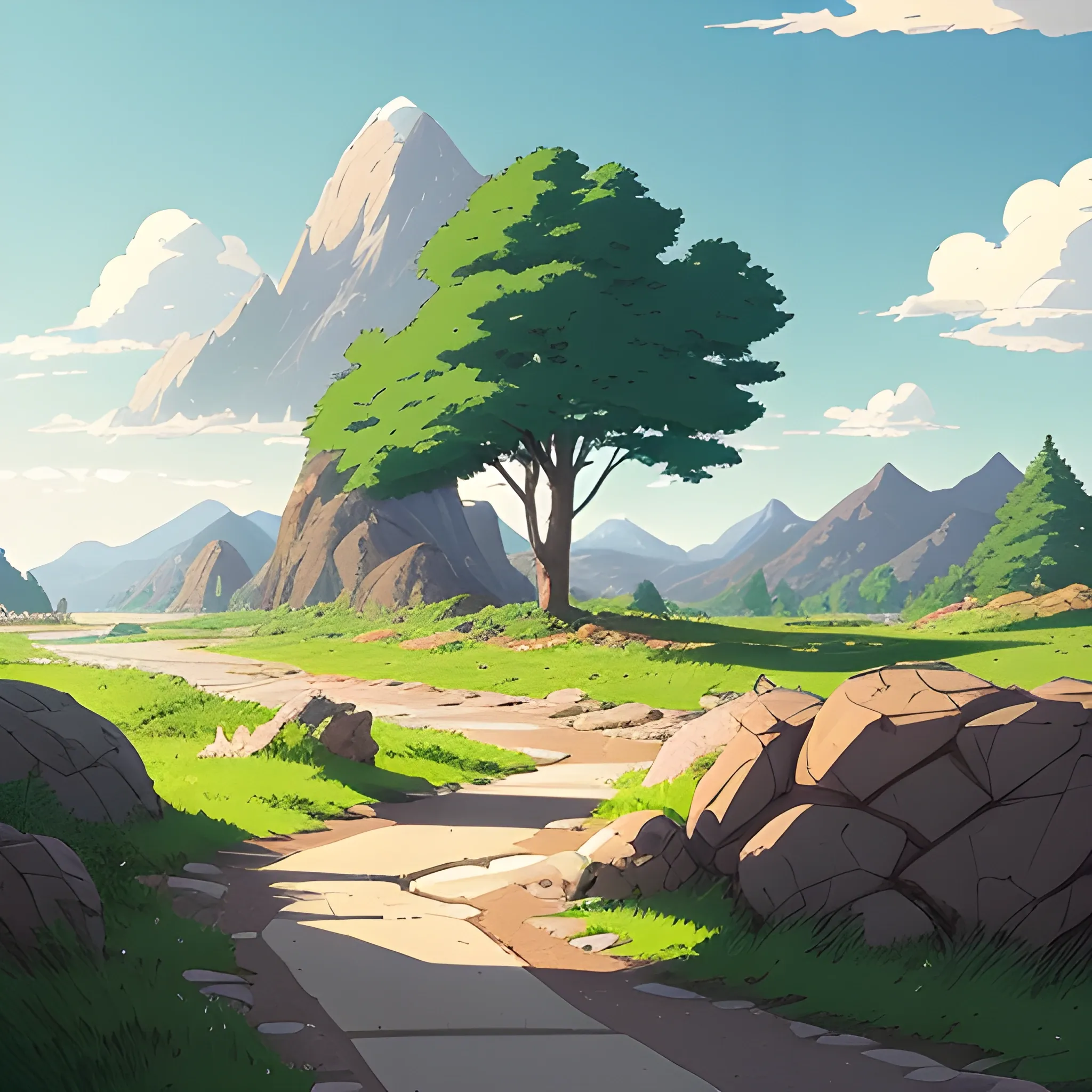 , Cartoon ground with rocks,There are mountains, water, big trees and a road in the style of makoto shinkai and greg rutkowski and albert bierstadt and james gurney,There is a large grassland in the middle of the picture and a road