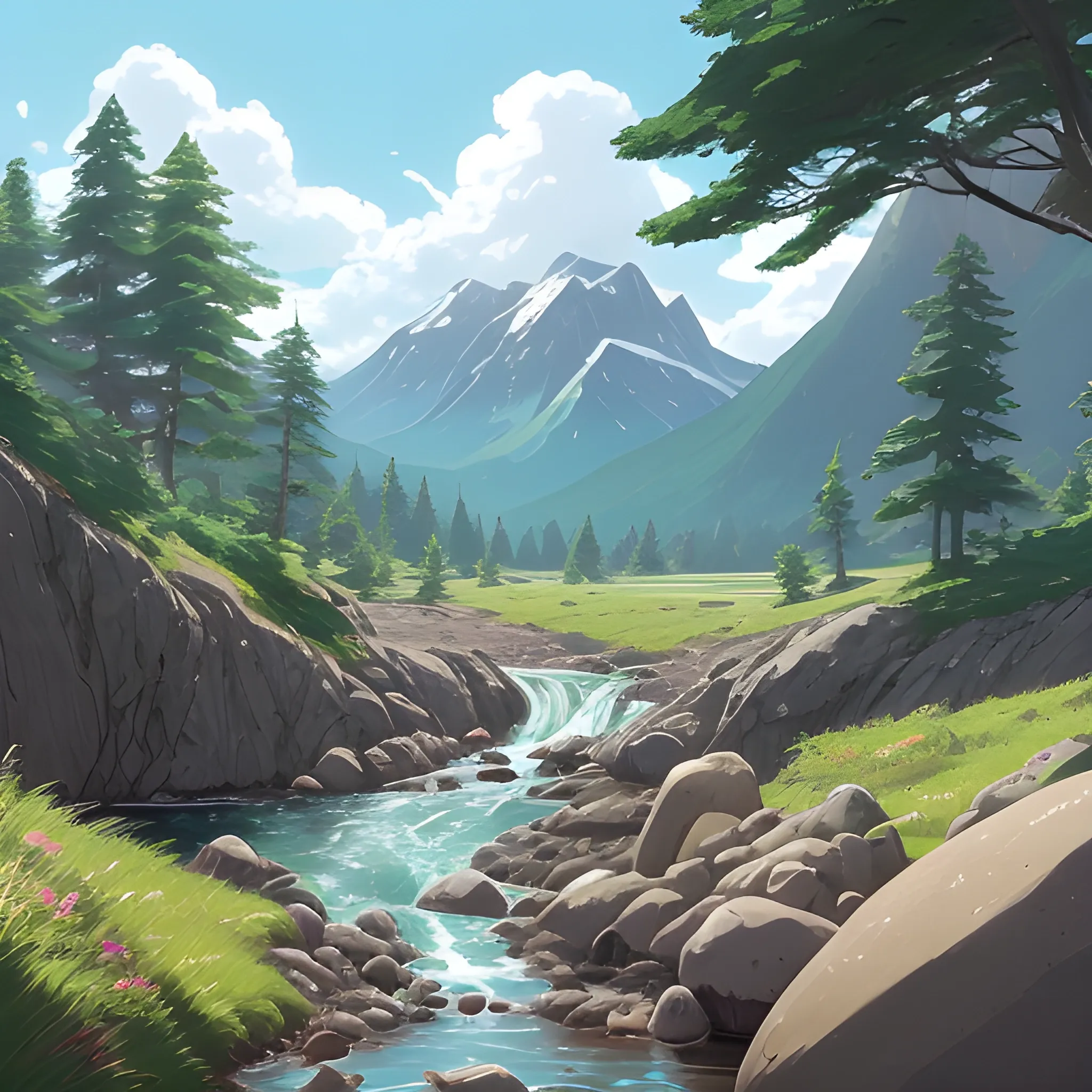 , Cartoon ground with rocks,There are mountains, water, big trees and a road in the style of makoto shinkai and greg rutkowski and albert bierstadt and james gurney,There is a large grassland in the middle of the picture and a road,There is a stream on the right side of the picture, and there are two big stones beside the stream.