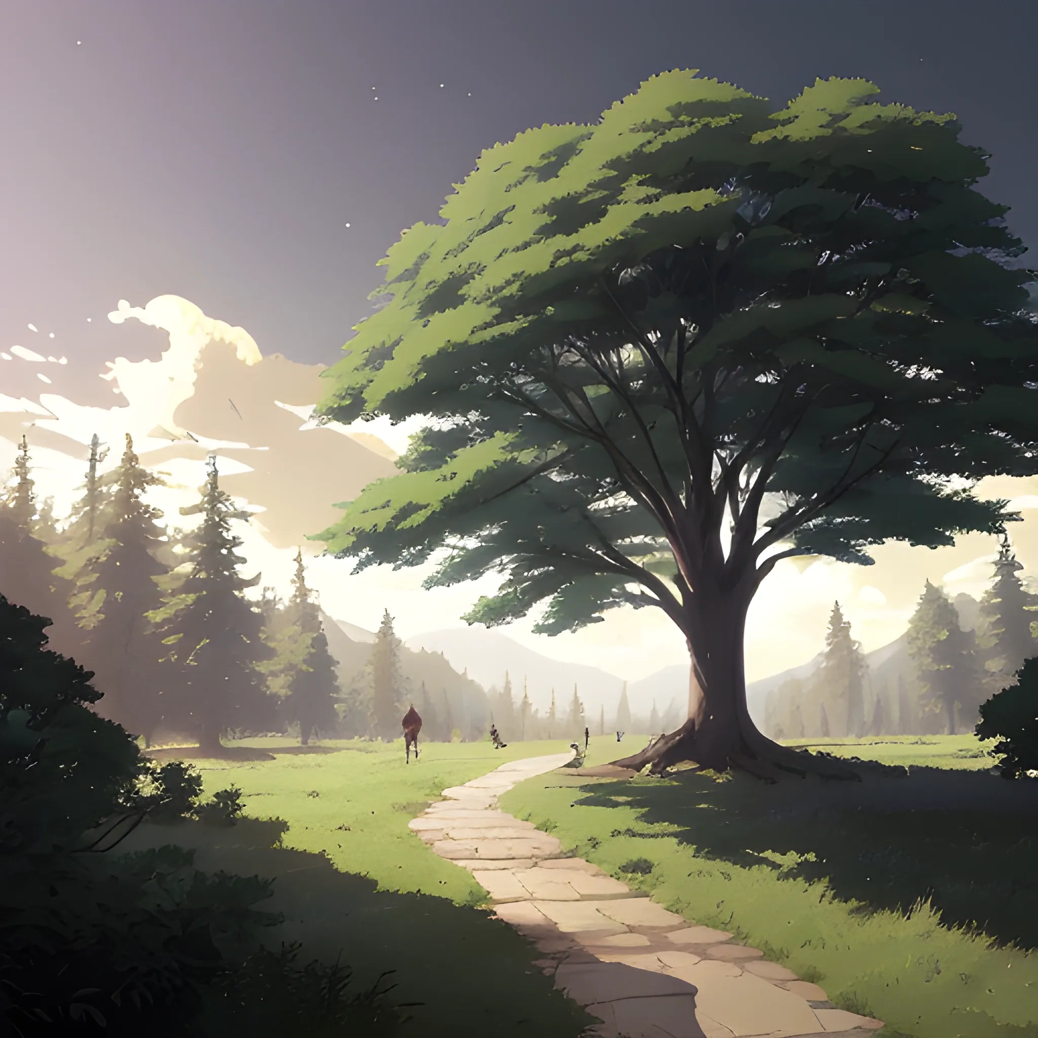 a high tree in the style of makoto shinkai and greg rutkowski and albert bierstadt and james gurney