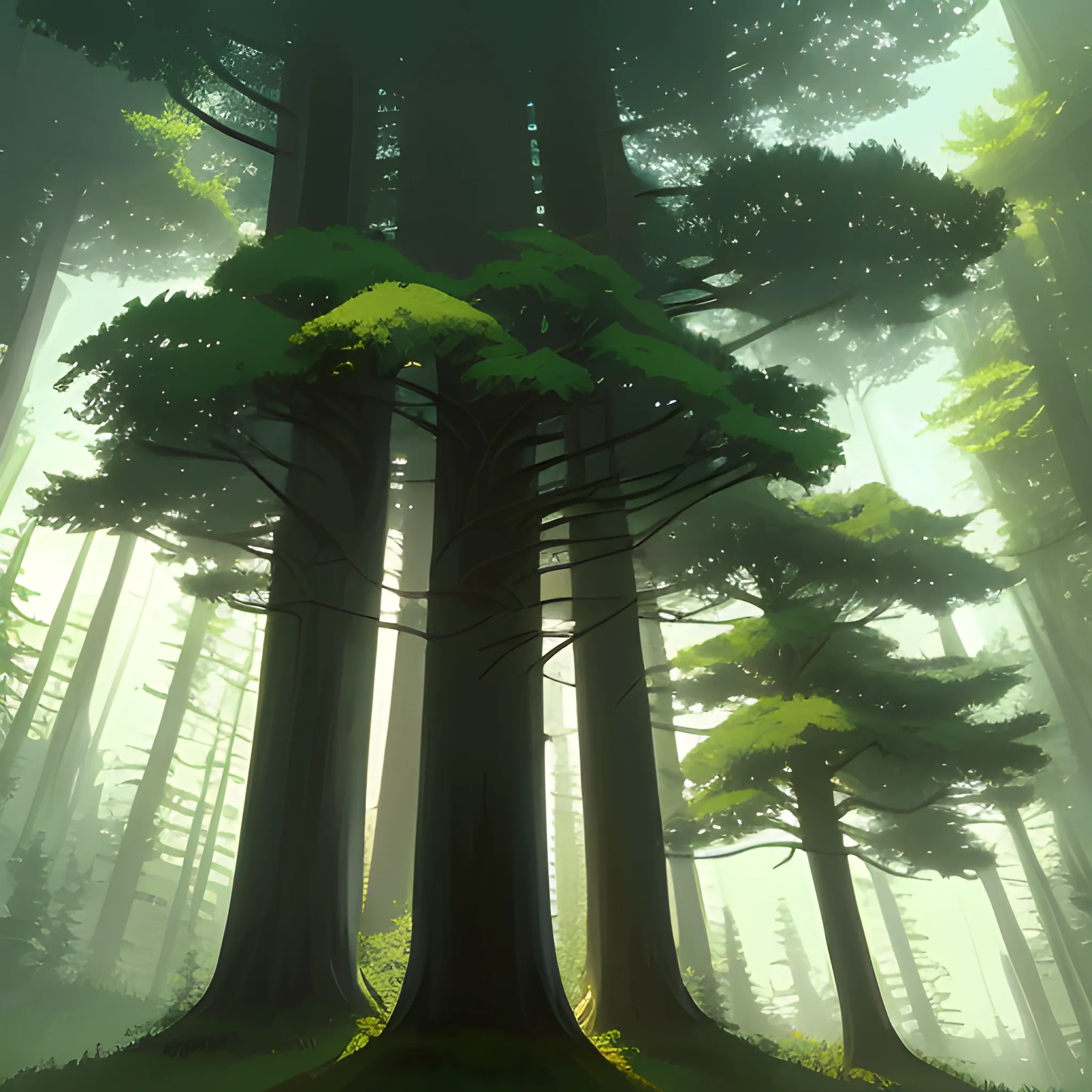 tall trees in the style of makoto shinkai and greg rutkowski and albert bierstadt and james gurney