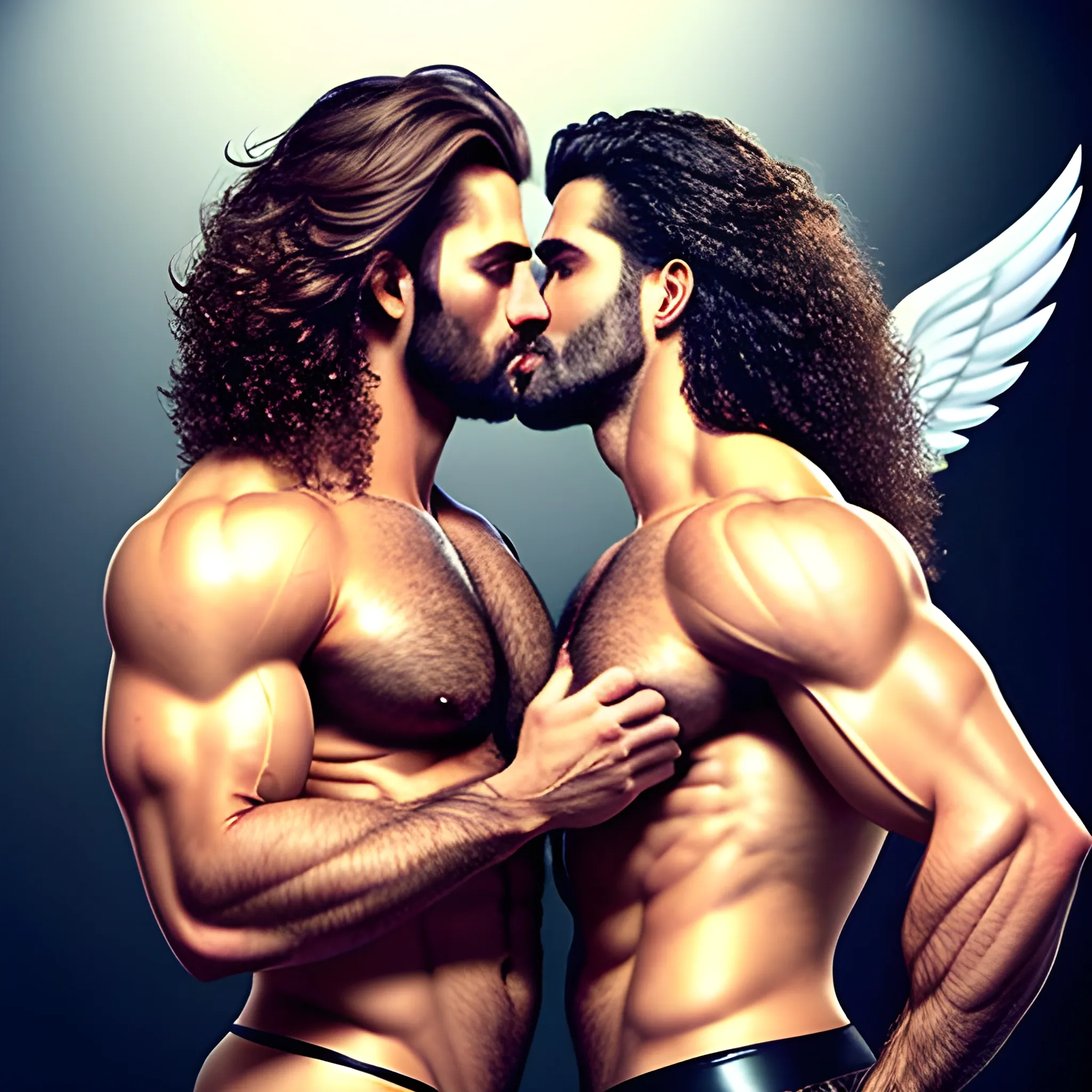 2 muscularDude's,kissing,
 with expansive Wings and different hairstyle,handsome,beauty's,muscle, no blurry,dark eyes,hyperealistic ,german, tanned skin,long curly hair,colorful hair,colorfull small leather tanga with gold details,same facial halves, bulge ,happy,whole body with legs,big bulge,dark piercing eyes,huge bulge,hairy,fine details, young,two identical symmetrical eyes,same colofull eyes, stubble ,blond,very long hair cascading over a hairy Chest,reminiscent of an Angel