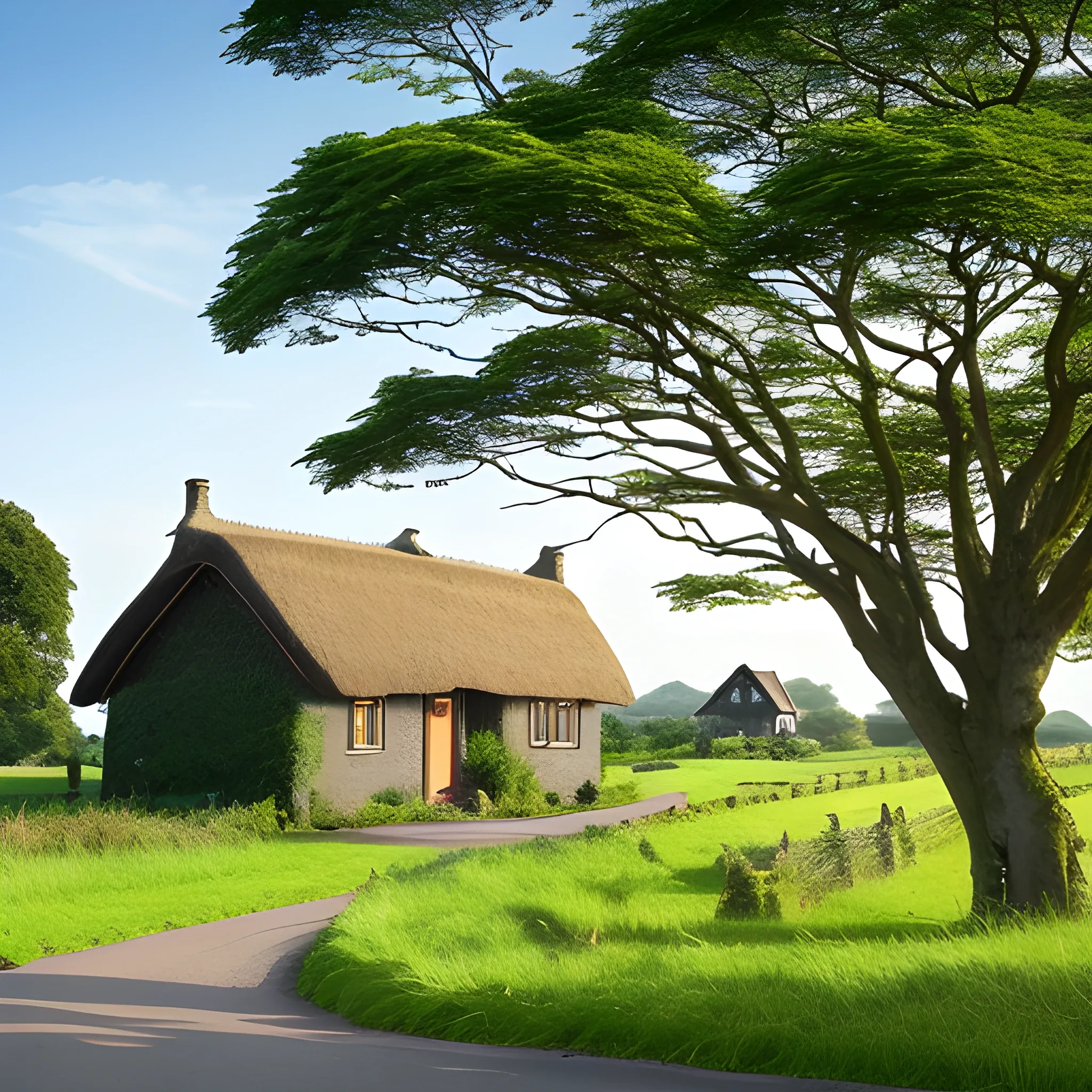 Rural scenery, a large grassland, a thatched house, a road in front of the house, and trees around the grassland
