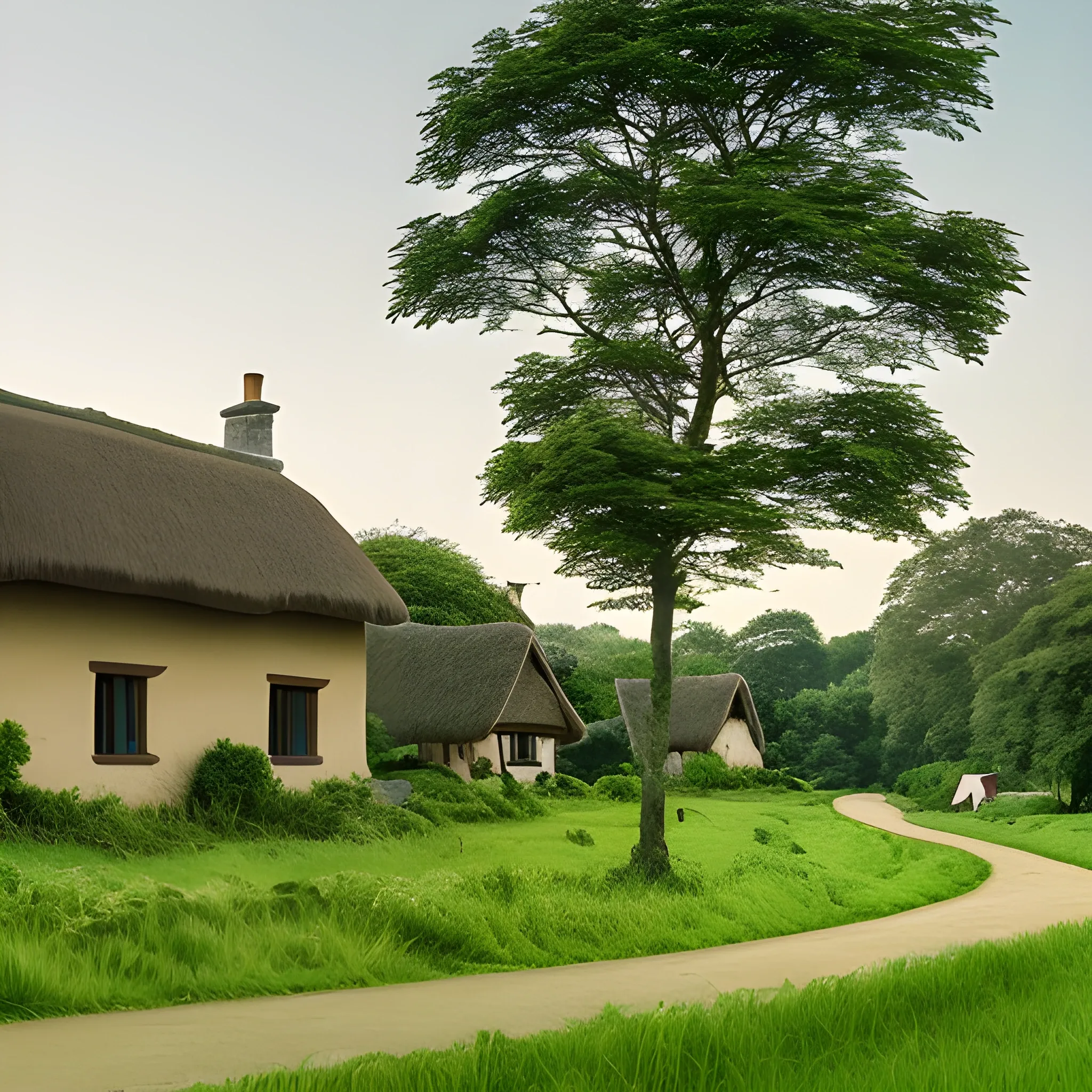 Rural scenery, a large grassland, a thatched house, a road in front of the house, and trees around the grassland
