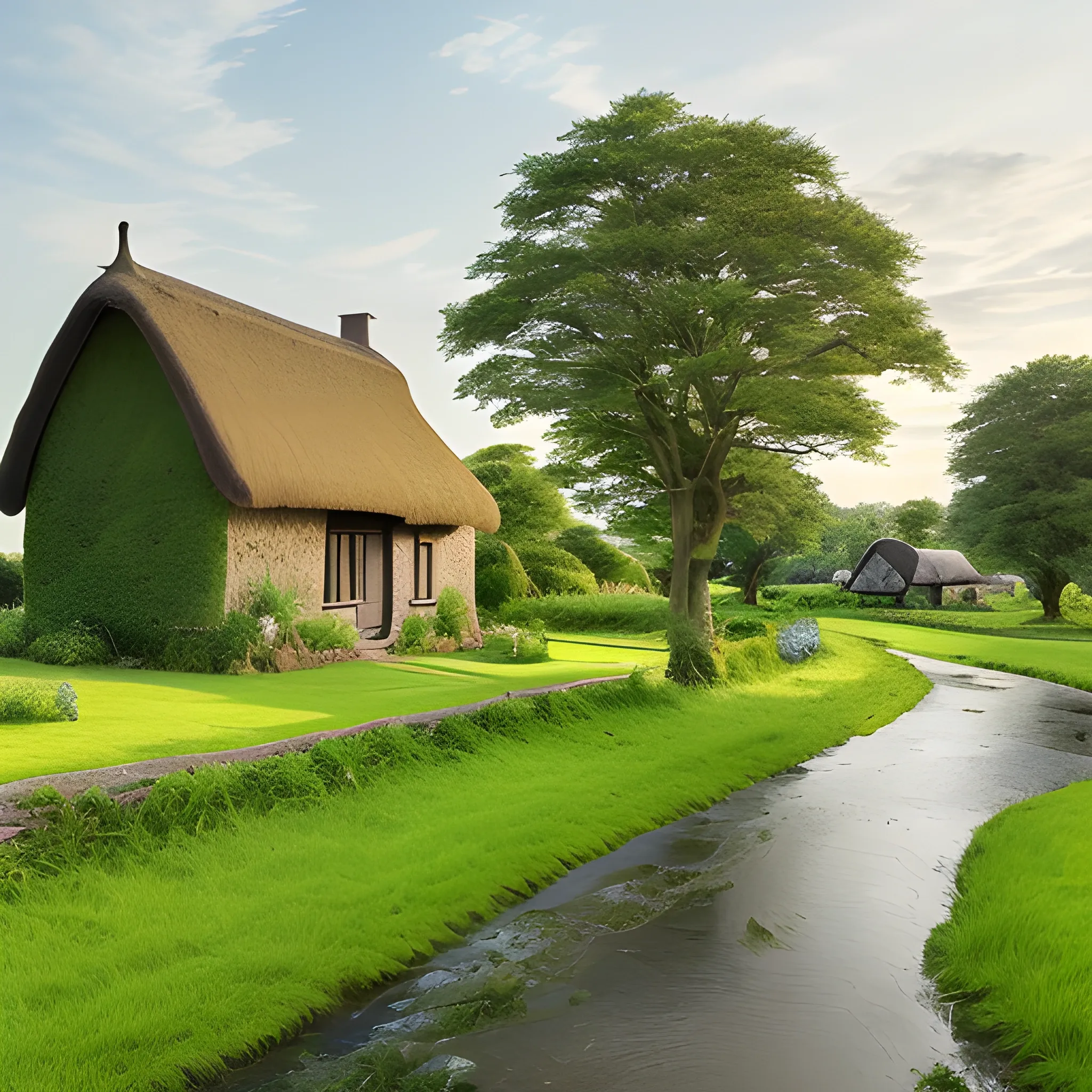 Rural scenery, a large grassland, a thatched house, a road in front of the house, trees around the grassland, and a creek on the right
