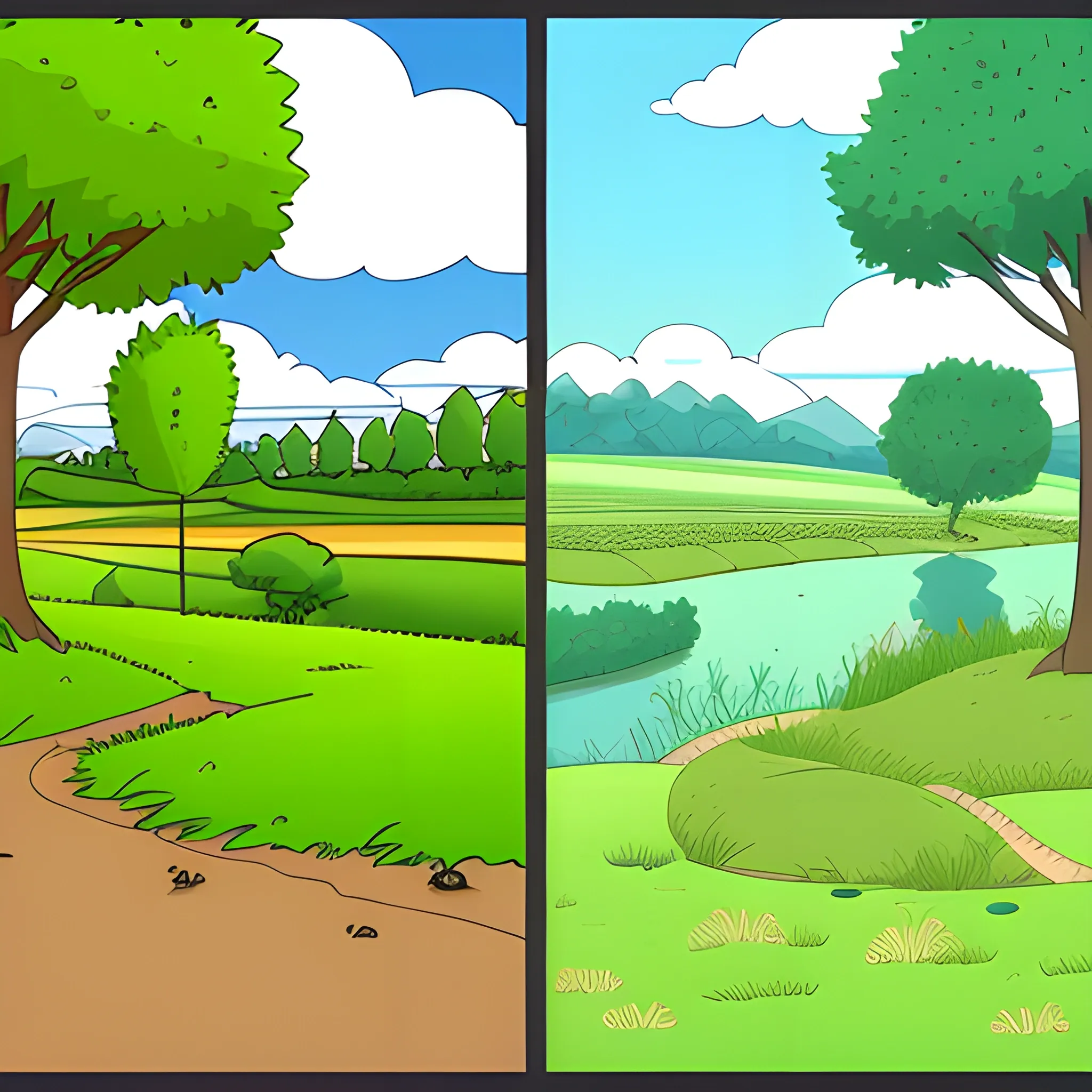 Generate a cartoon-style picture. On the left is a wide river, on the right is a large area of ​​grass, as well as a few fruit trees and some other short plants.
