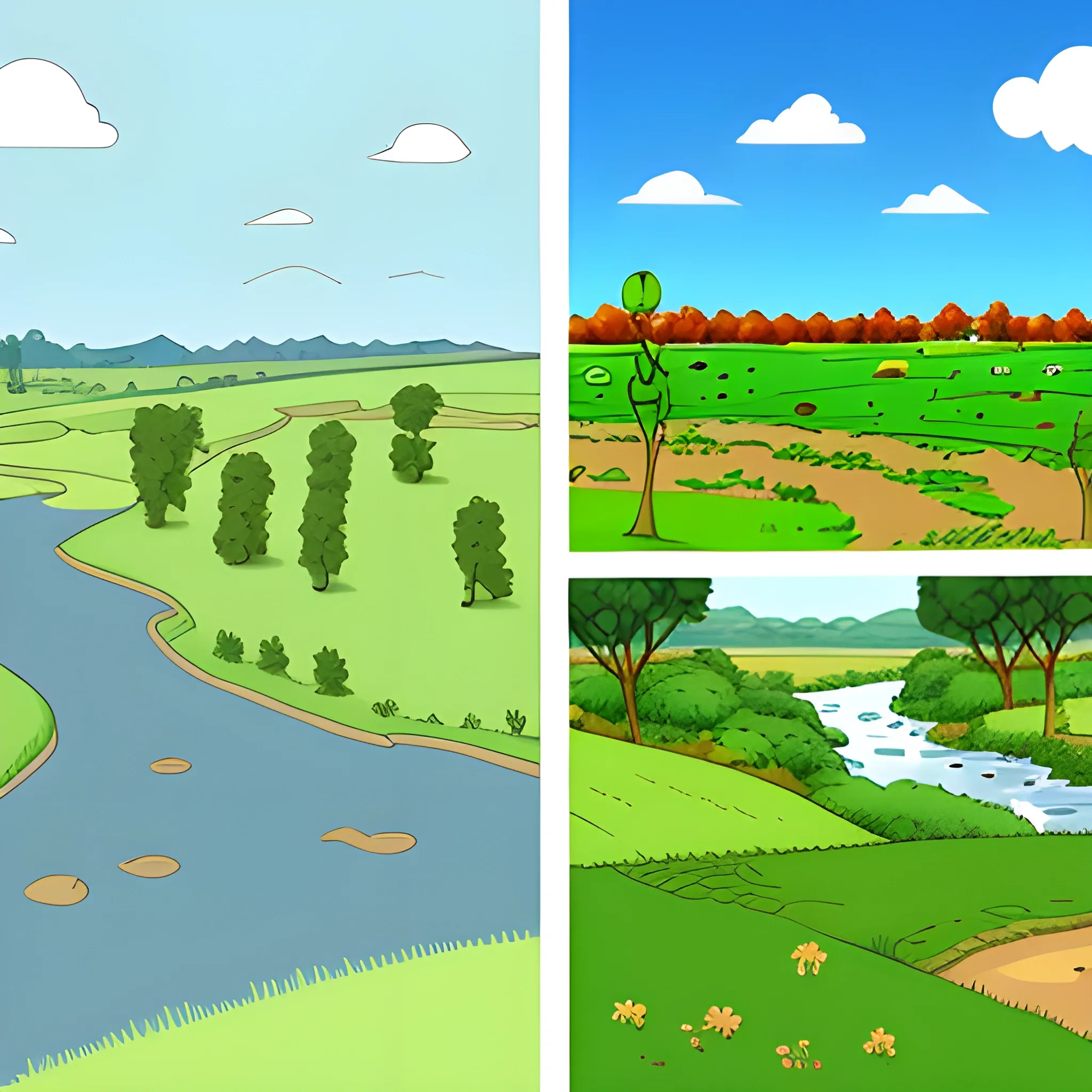 Generate a cartoon-style picture. On the left is a wide river, on the right is a large area of ​​grass, as well as a few fruit trees and some other short plants.
