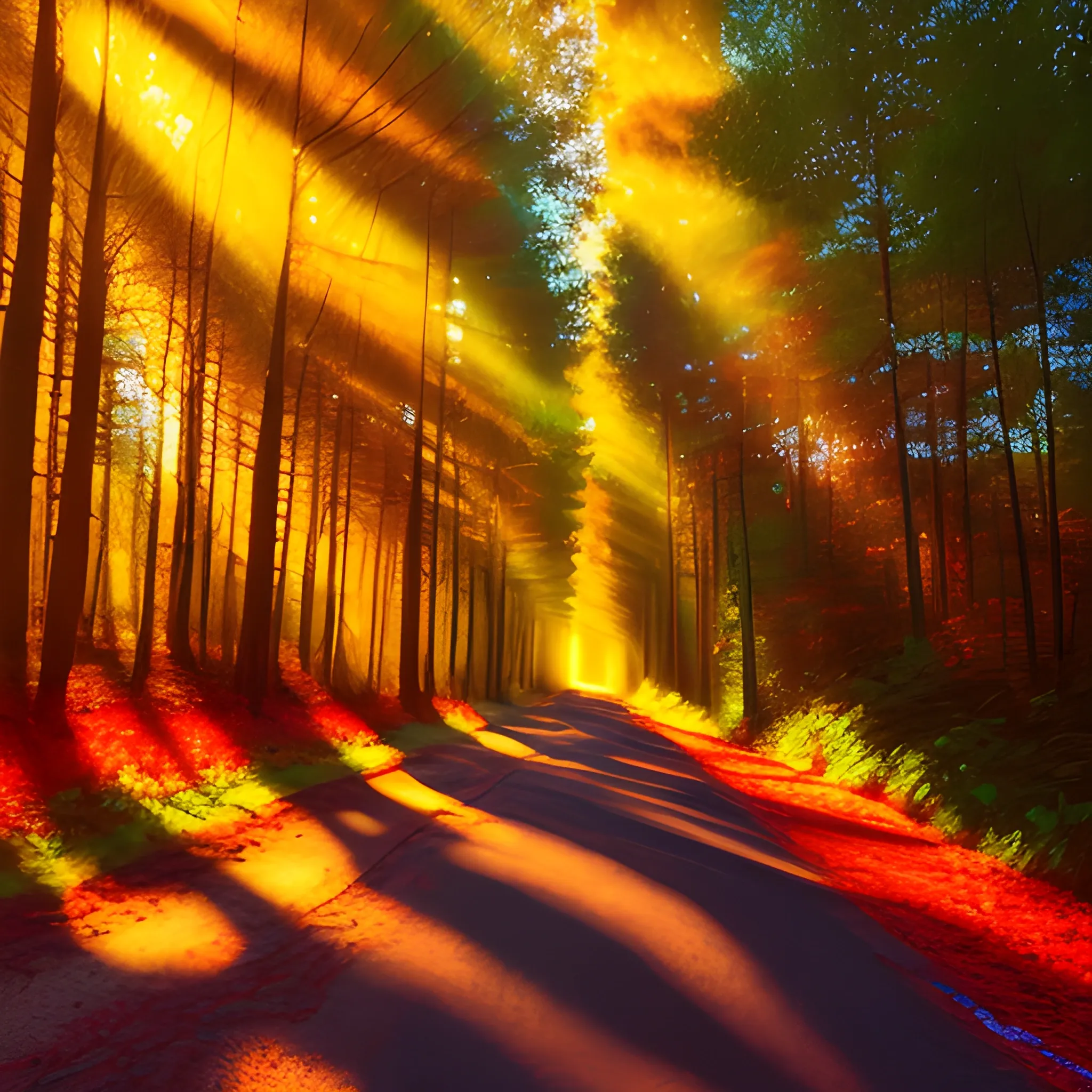 An artistic photo of a sunlit forest in an impressionistic style. The colors are vibrant and saturated, each tree is carefully composed within the frame, the trees are tall, and there is a road in the forest, lined with lush vegetation