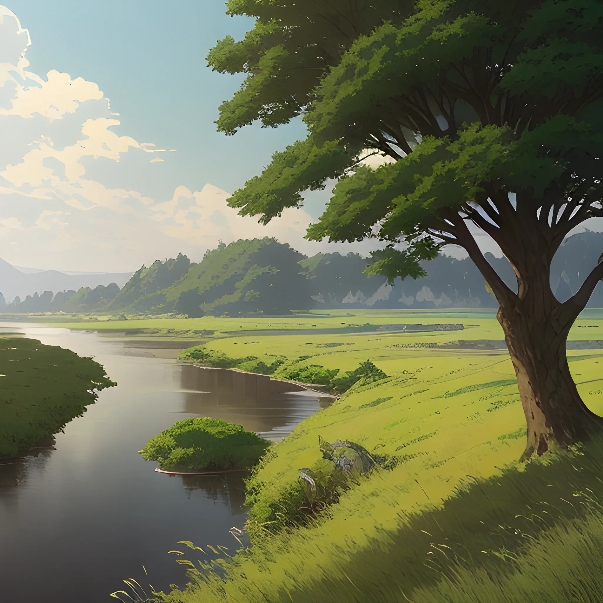 in the style of makoto shinkai and greg rutkowski and albert bierstadt and james gurney，The left side of the picture is a wide river, and the right side is grassland. There is a very, very thick tree and some short plants growing on the grassland. There is a road on the grassland.