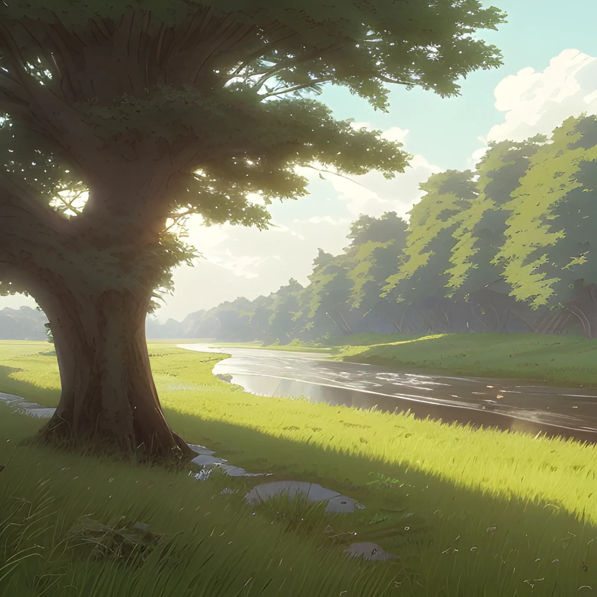 in the style of makoto shinkai and greg rutkowski and albert bierstadt and james gurney，The left side of the picture is a wide river, and the right side is grassland. There is a very, very thick tree and some short plants growing on the grassland. There is a road on the grassland.