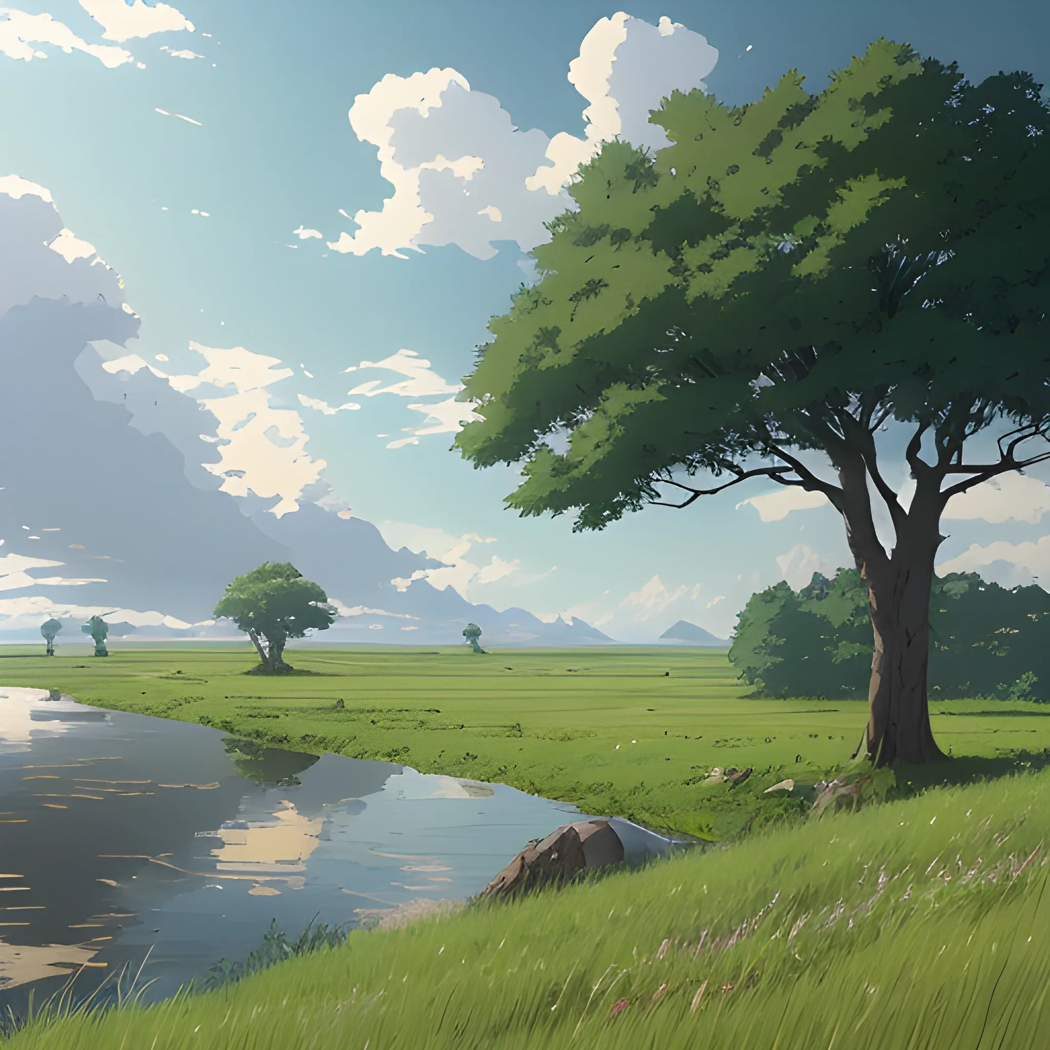 in the style of makoto shinkai and greg rutkowski and albert bierstadt and james gurney，The left side of the picture is a wide river, and the right side is grassland. There is a very, very thick tree and some short plants growing on the grassland. There is a road on the grassland.