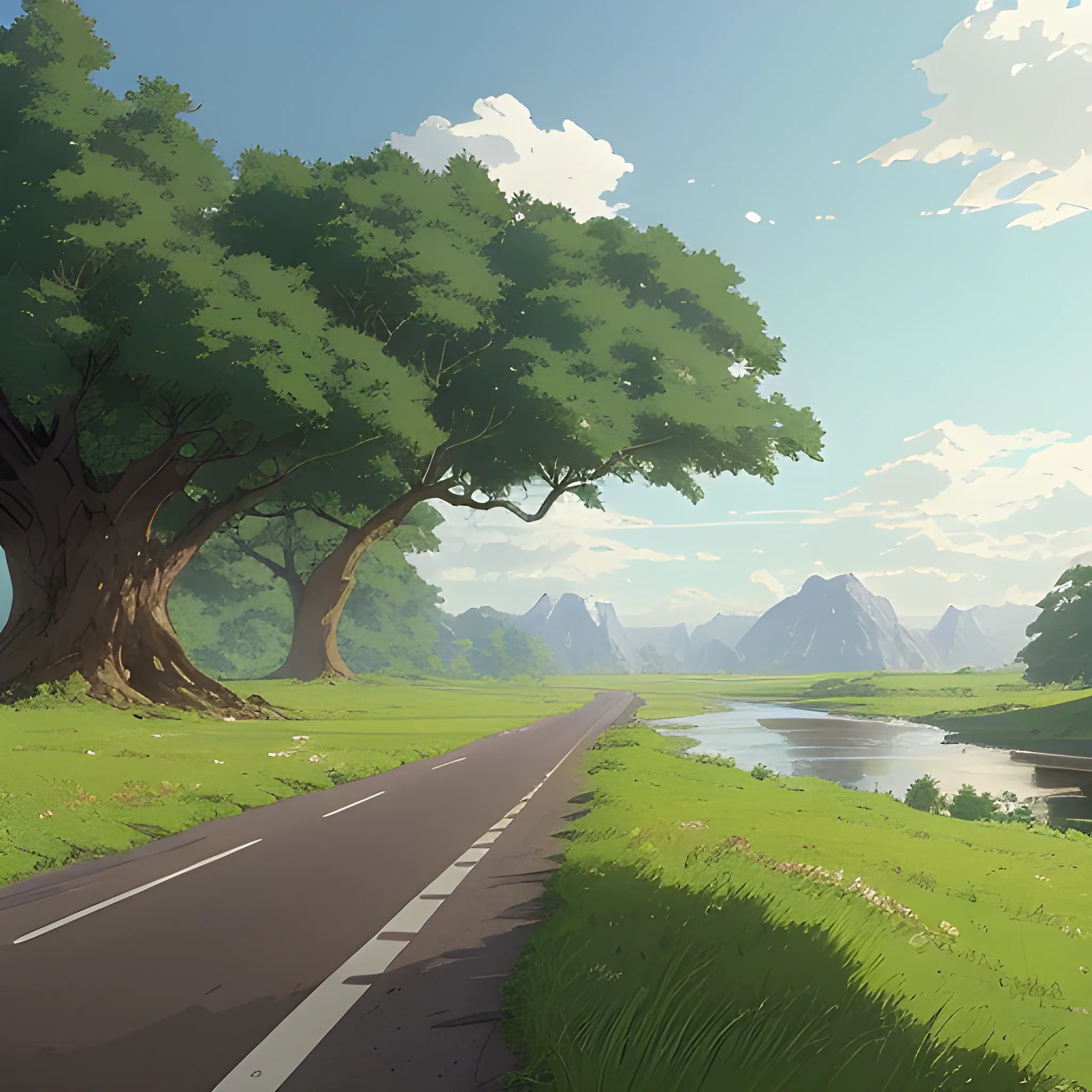 in the style of makoto shinkai and greg rutkowski and albert bierstadt and james gurney，The left side of the picture is a wide river, and the right side is grassland. There is a very, very thick tree and some short plants growing on the grassland. There is a road on the grassland.