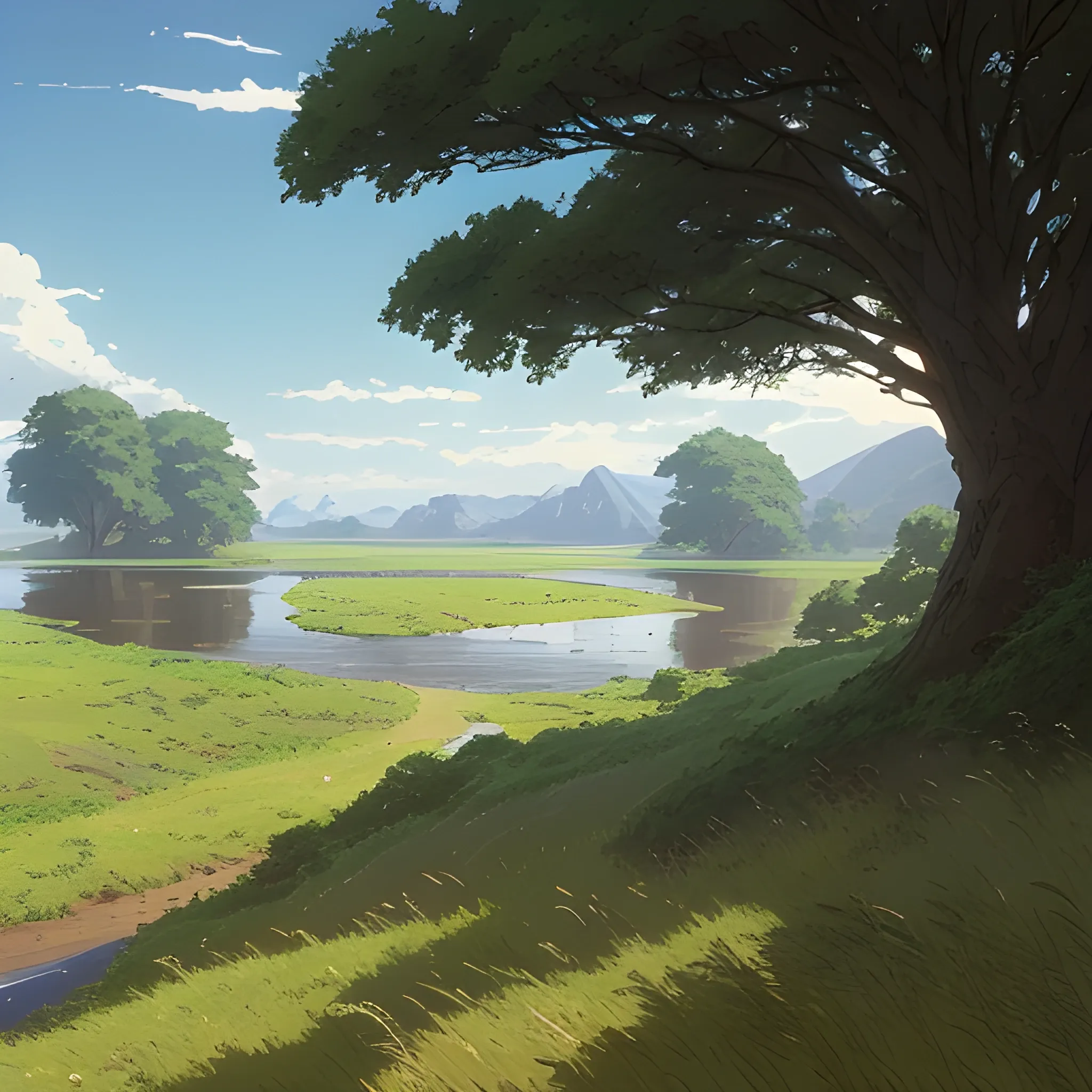 in the style of makoto shinkai and greg rutkowski and albert bierstadt and james gurney，The left side of the picture is a wide river, and the right side is grassland. There is a very, very thick tree and some short plants growing on the grassland. There is a road on the grassland.