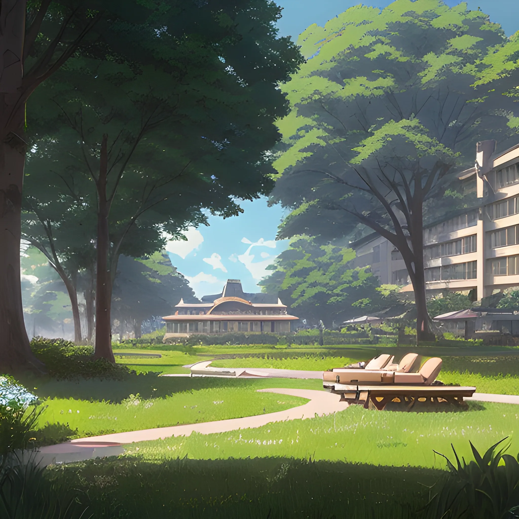 in the style of makoto shinkai and greg rutkowski and albert bierstadt and james gurney，In the center of the picture is a high-end hotel. There is a large open space in front of the hotel. There are lawns, trees and stools on the open space.