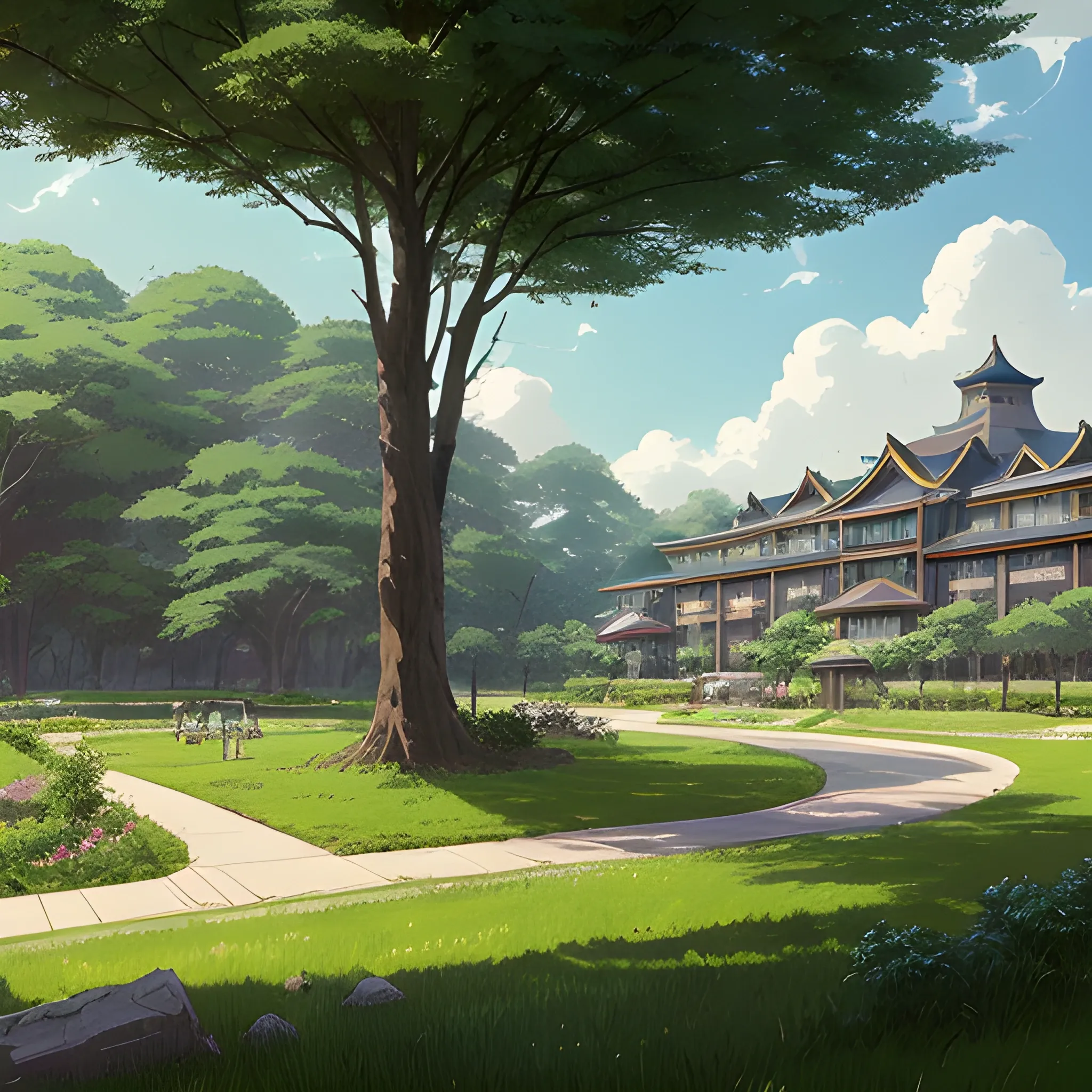 in the style of makoto shinkai and greg rutkowski and albert bierstadt and james gurney，In the middle of the picture is a high-end Chinese hotel. There is a large open space in front of the hotel. There are lawns, trees, and stools on the open space. The hotel should be highlighted in the picture.