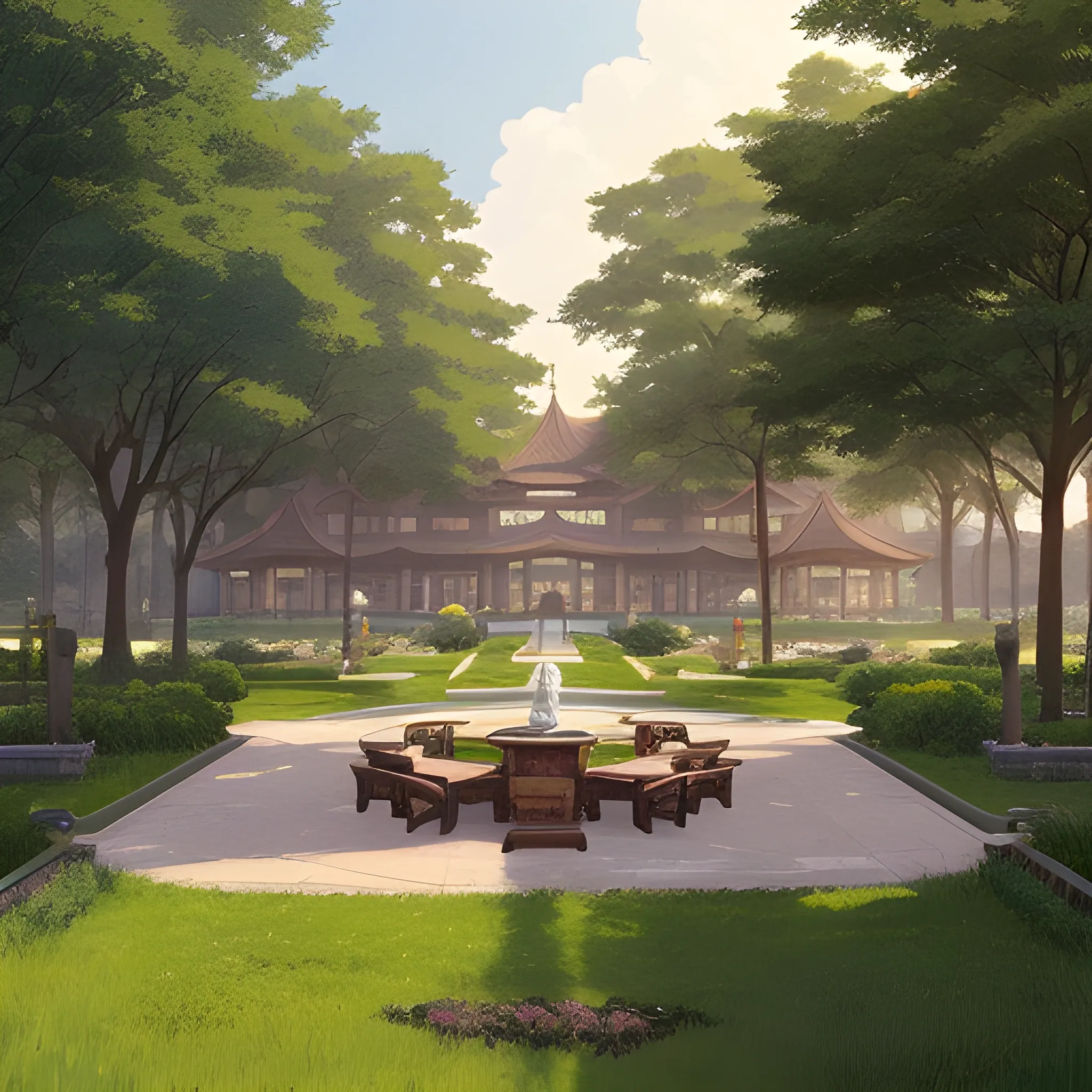 in the style of makoto shinkai and greg rutkowski and albert bierstadt and james gurney，In the center of the picture is a high-end Chinese hotel. There is a large open space in front of the hotel. There are lawns, trees, and stools on the open space. The hotel must be highlighted in the picture, and the hotel must appear in the center of the picture.