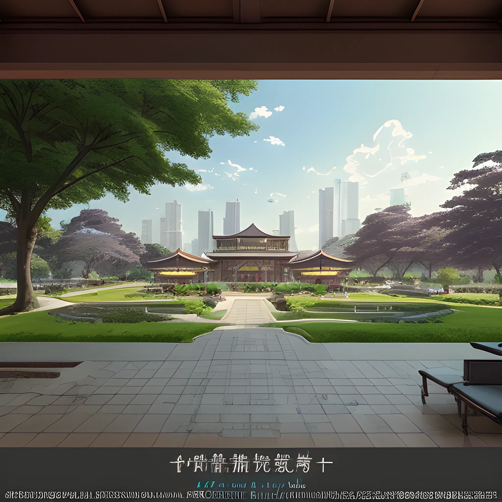 in the style of makoto shinkai and greg rutkowski and albert bierstadt and james gurney，In the center of the picture is a high-end Chinese-style modern hotel. There is a large open space in front of the hotel. There are lawns, trees, and stools on the open space. The hotel must be highlighted in the picture, and the hotel must appear in the center of the picture.