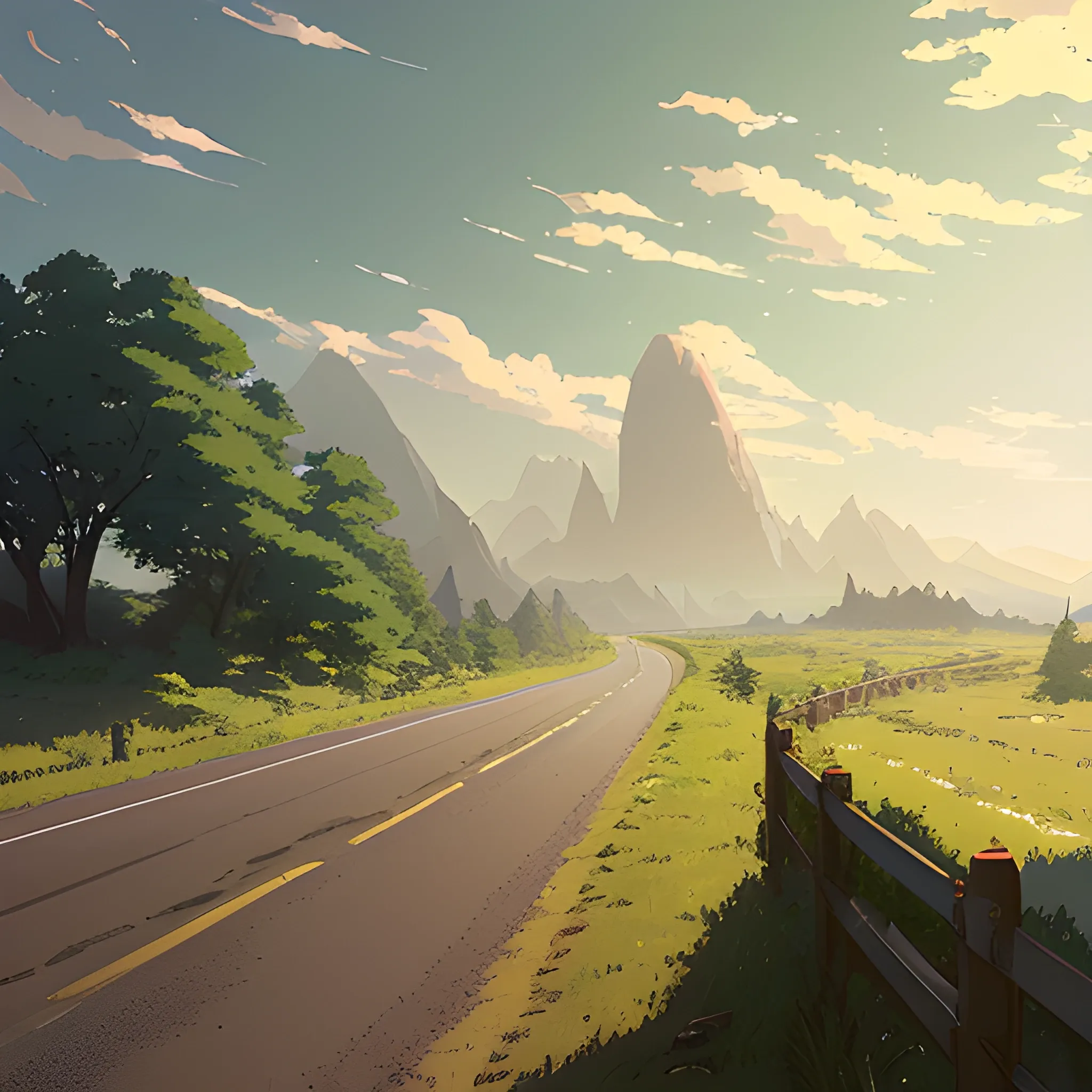 in the style of makoto shinkai and greg rutkowski and albert bierstadt and james gurney，
A country road goes from left to right,
