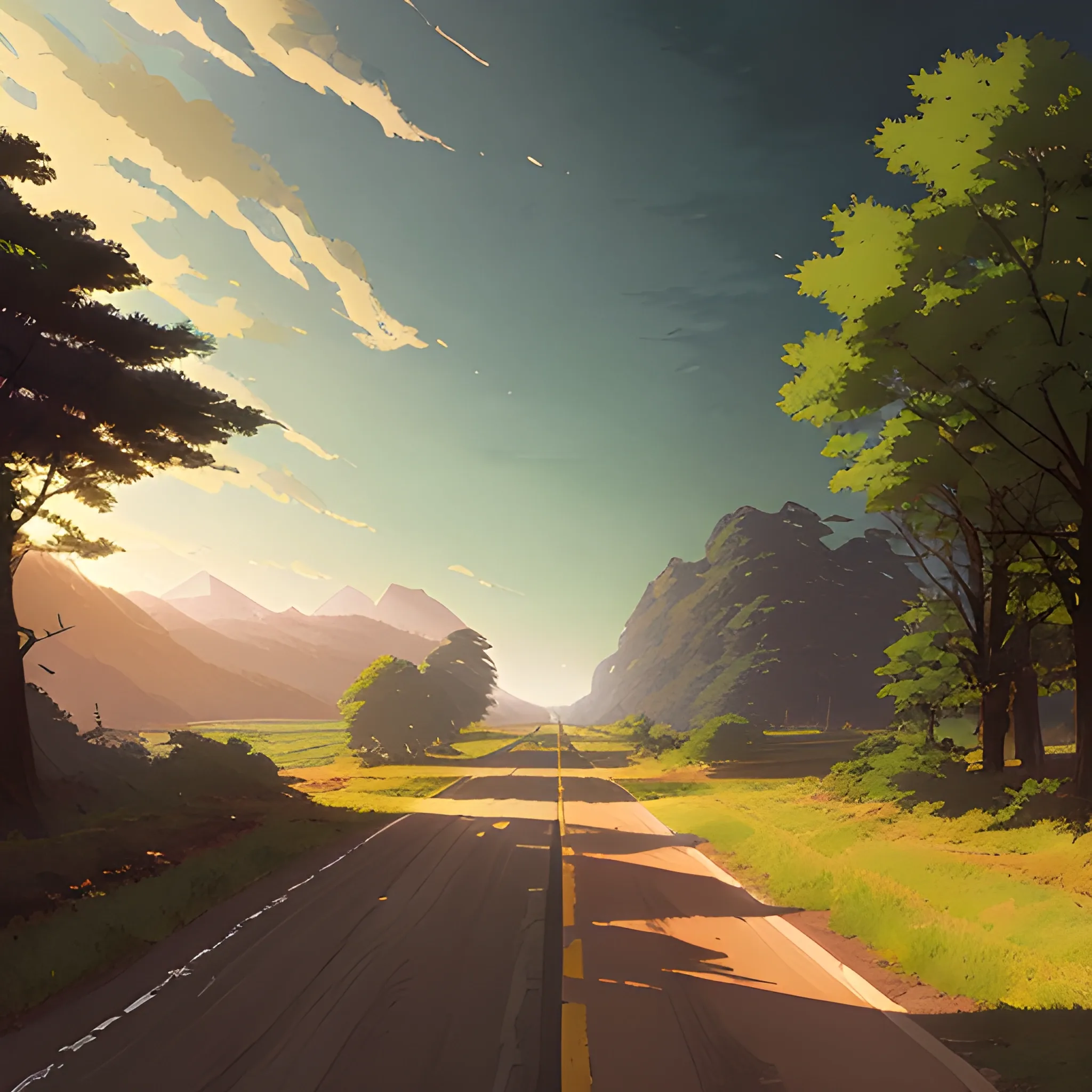 in the style of makoto shinkai and greg rutkowski and albert bierstadt and james gurney，
A country road goes from left to right,
