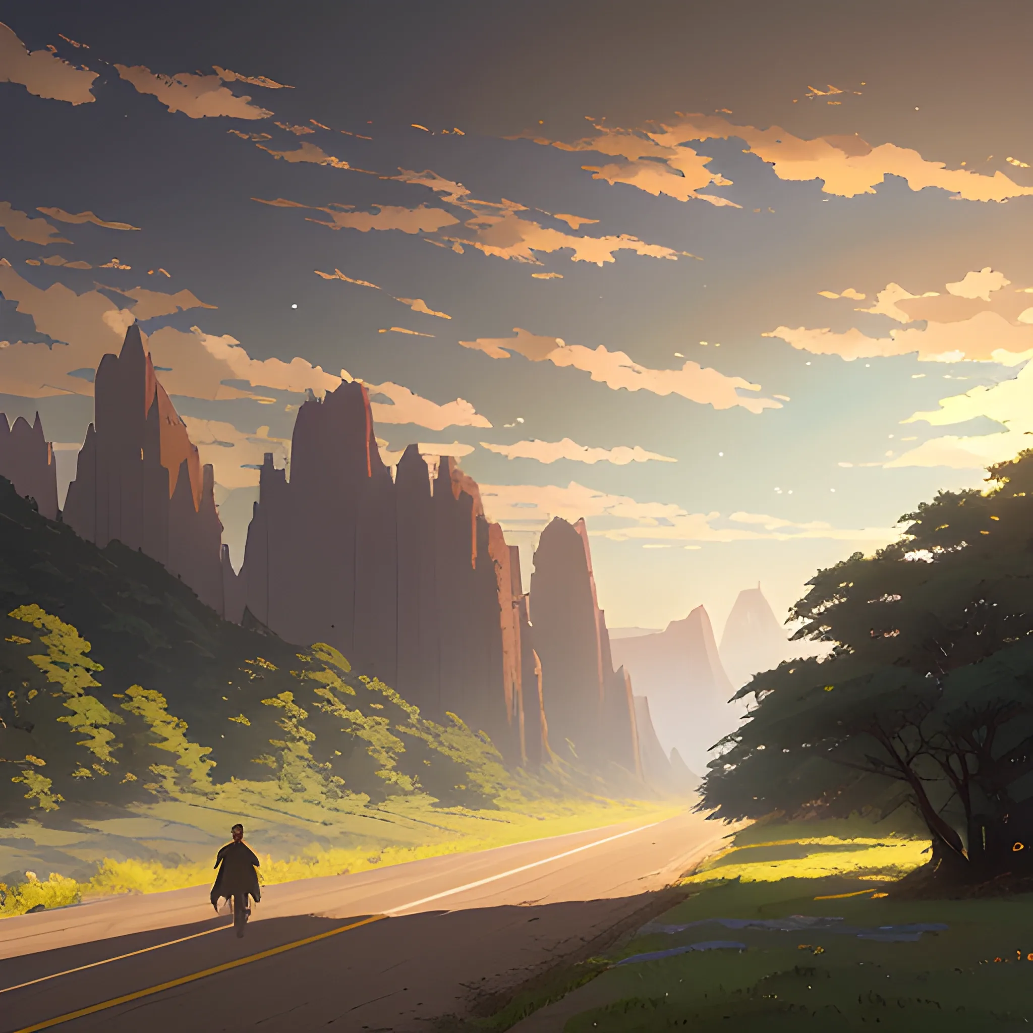 in the style of makoto shinkai and greg rutkowski and albert bierstadt and james gurney，
A country road goes from left to right,
