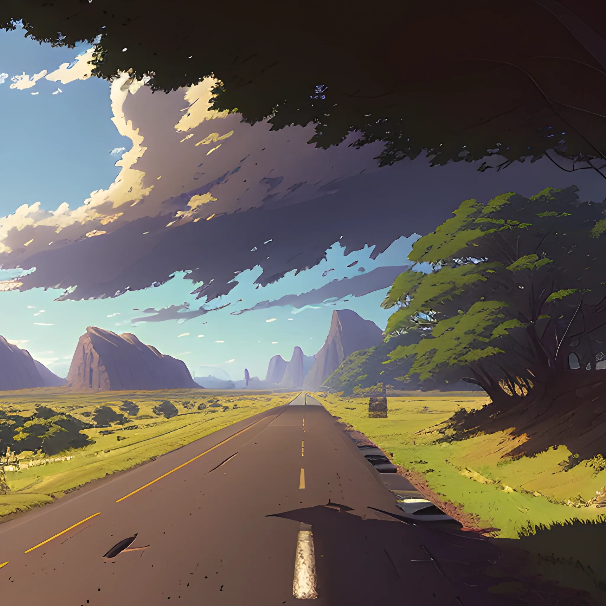 in the style of makoto shinkai and greg rutkowski and albert bierstadt and james gurney，
A country road goes from left to right,
