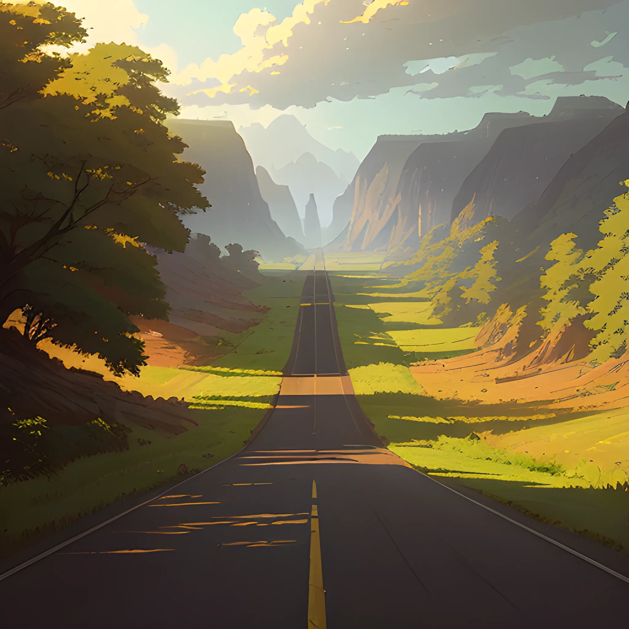 in the style of makoto shinkai and greg rutkowski and albert bierstadt and james gurney，
A country road goes from east to west,
