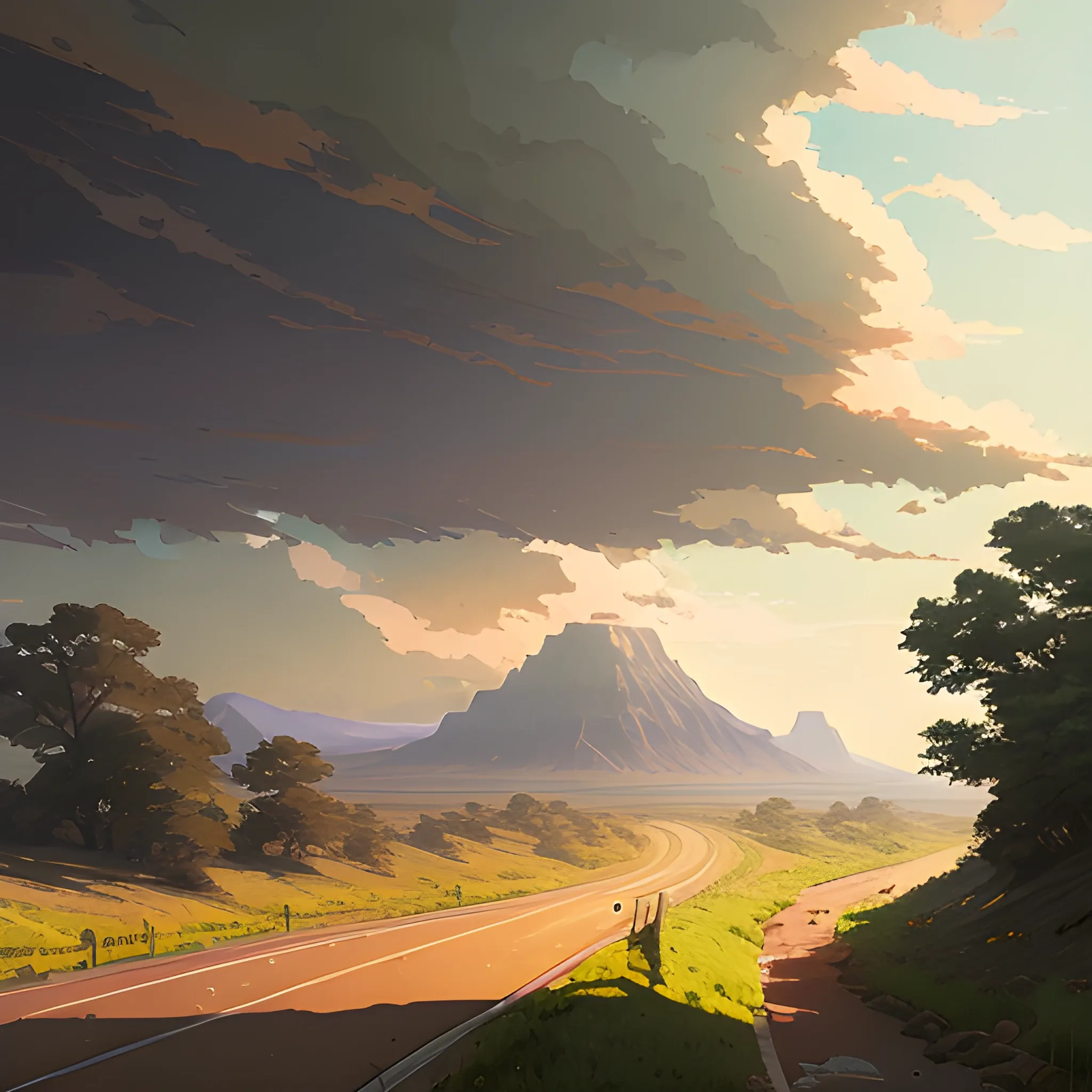 in the style of makoto shinkai and greg rutkowski and albert bierstadt and james gurney，
A country road goes from east to west,
