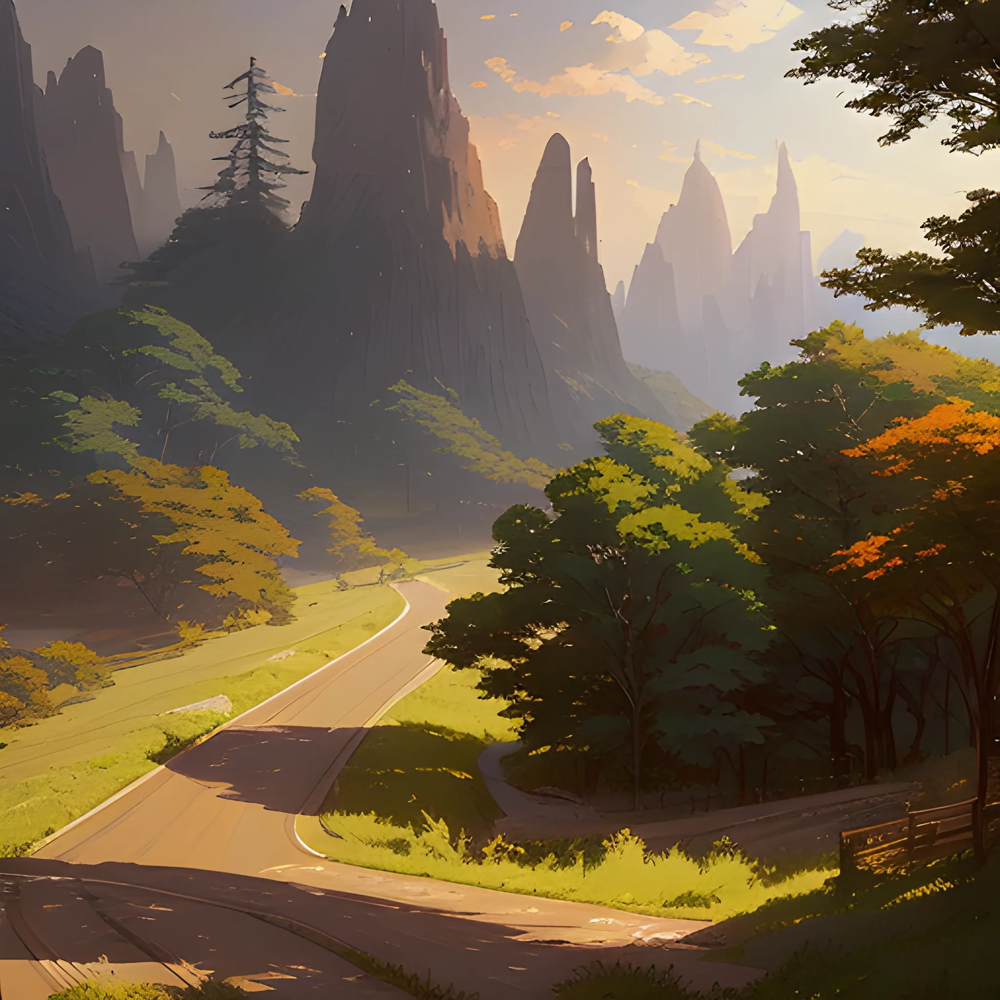 in the style of makoto shinkai and greg rutkowski and albert bierstadt and james gurney，
A country road goes from east to west,
