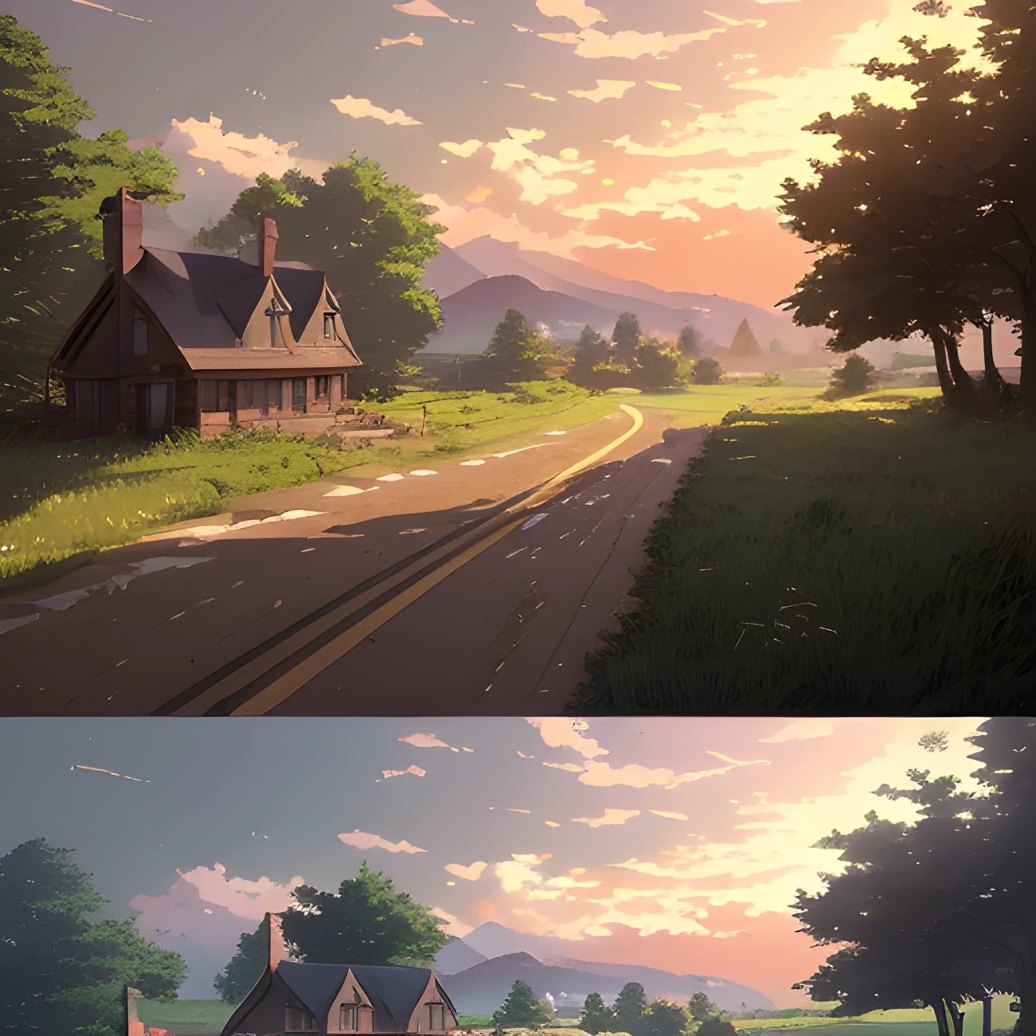 in the style of makoto shinkai and greg rutkowski and albert bierstadt and james gurney，
A country road goes from east to west,

Rural landscape with 3 houses and intersecting roads
