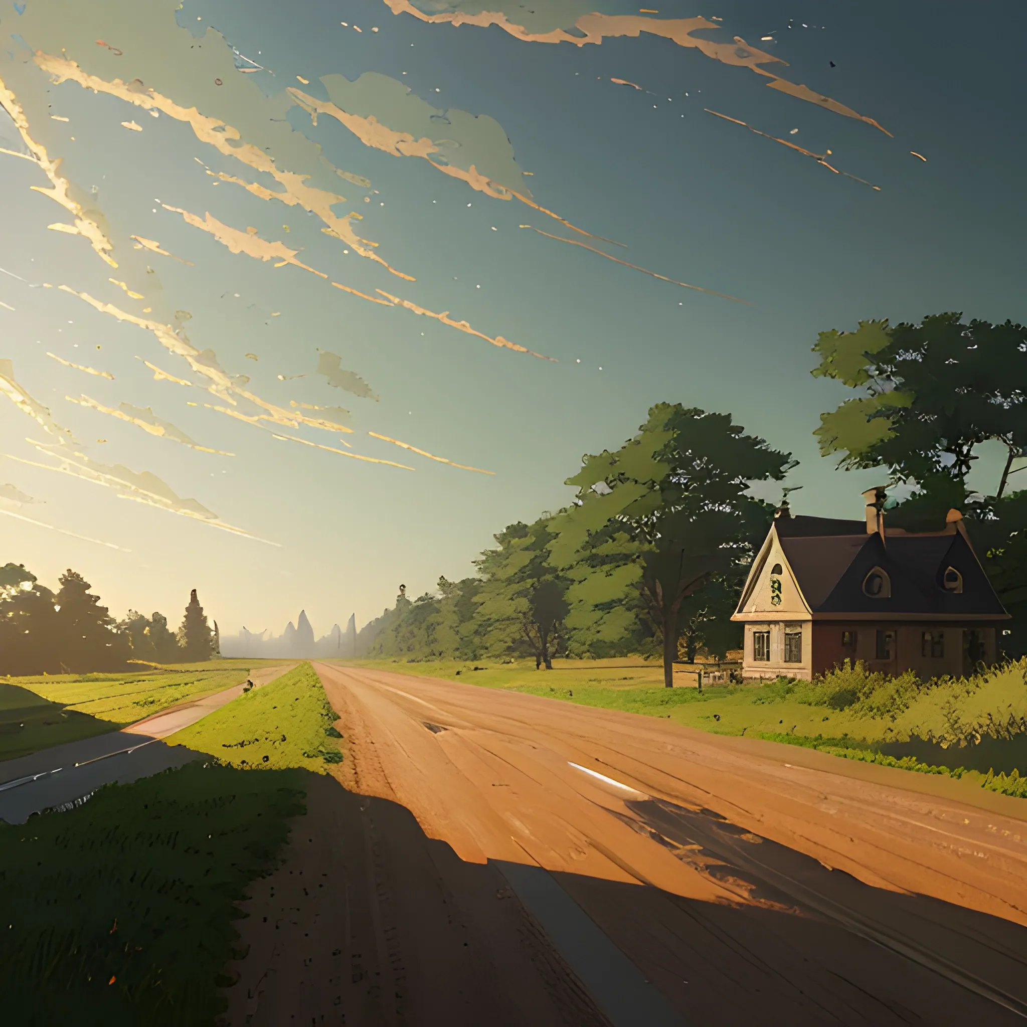 in the style of makoto shinkai and greg rutkowski and albert bierstadt and james gurney，
A country road goes from east to west,

Rural landscape with 3 houses and intersecting roads
