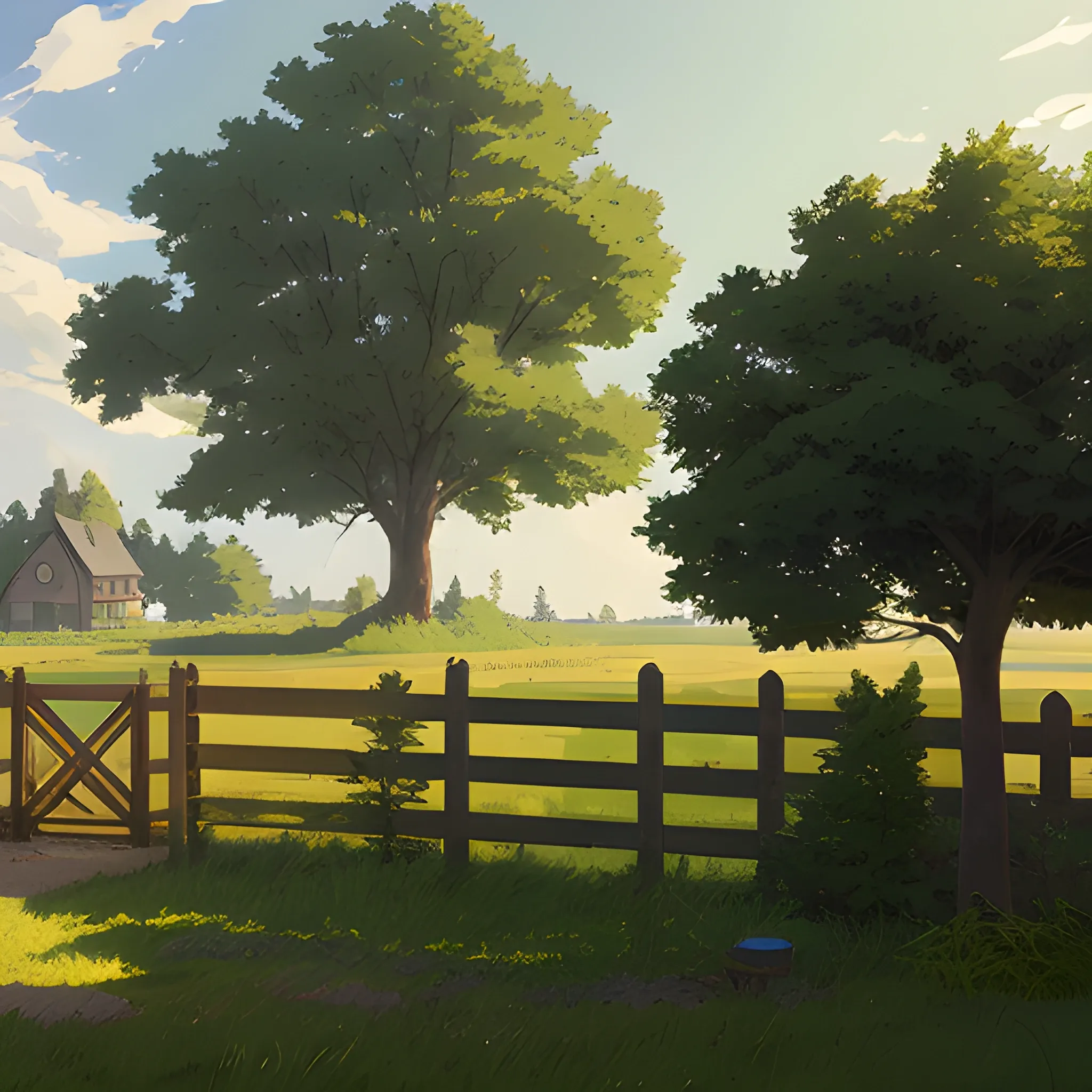 in the style of makoto shinkai and greg rutkowski and albert bierstadt and james gurney，

Outside a house in the countryside with a fence outside and 2 trees in the yard
