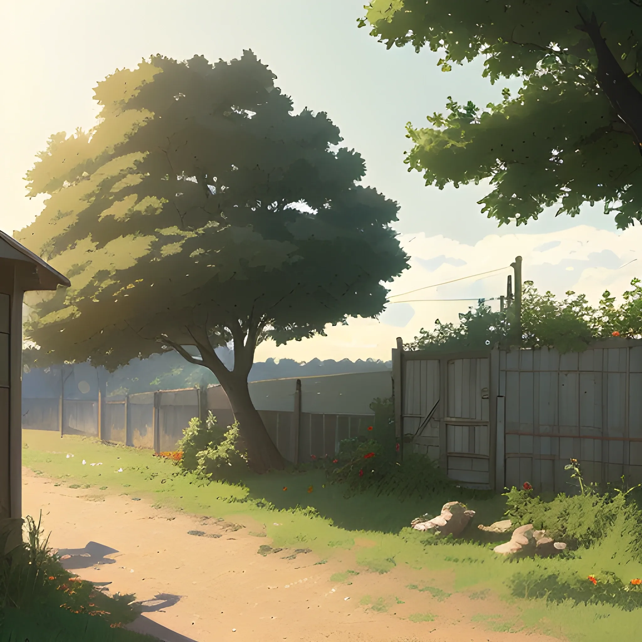 in the style of makoto shinkai and greg rutkowski and albert bierstadt and james gurney，

Outside a house in the countryside with a fence outside and 2 trees in the yard
