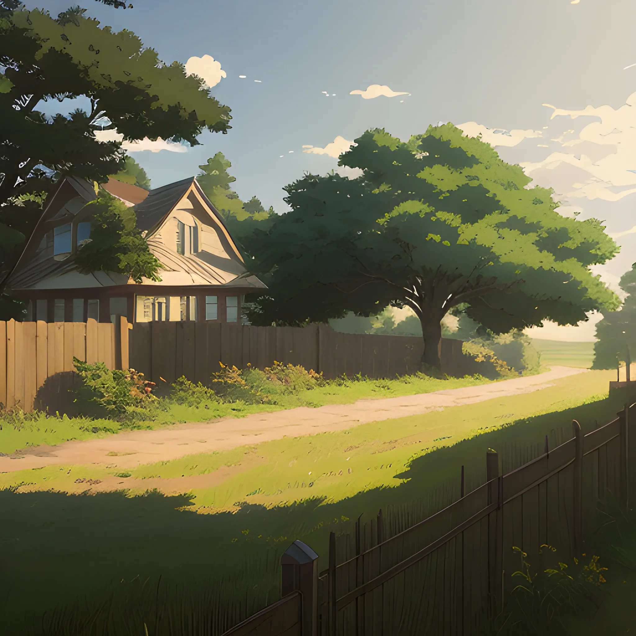 in the style of makoto shinkai and greg rutkowski and albert bierstadt and james gurney，

Outside a house in the countryside with a fence outside and 2 trees in the yard
