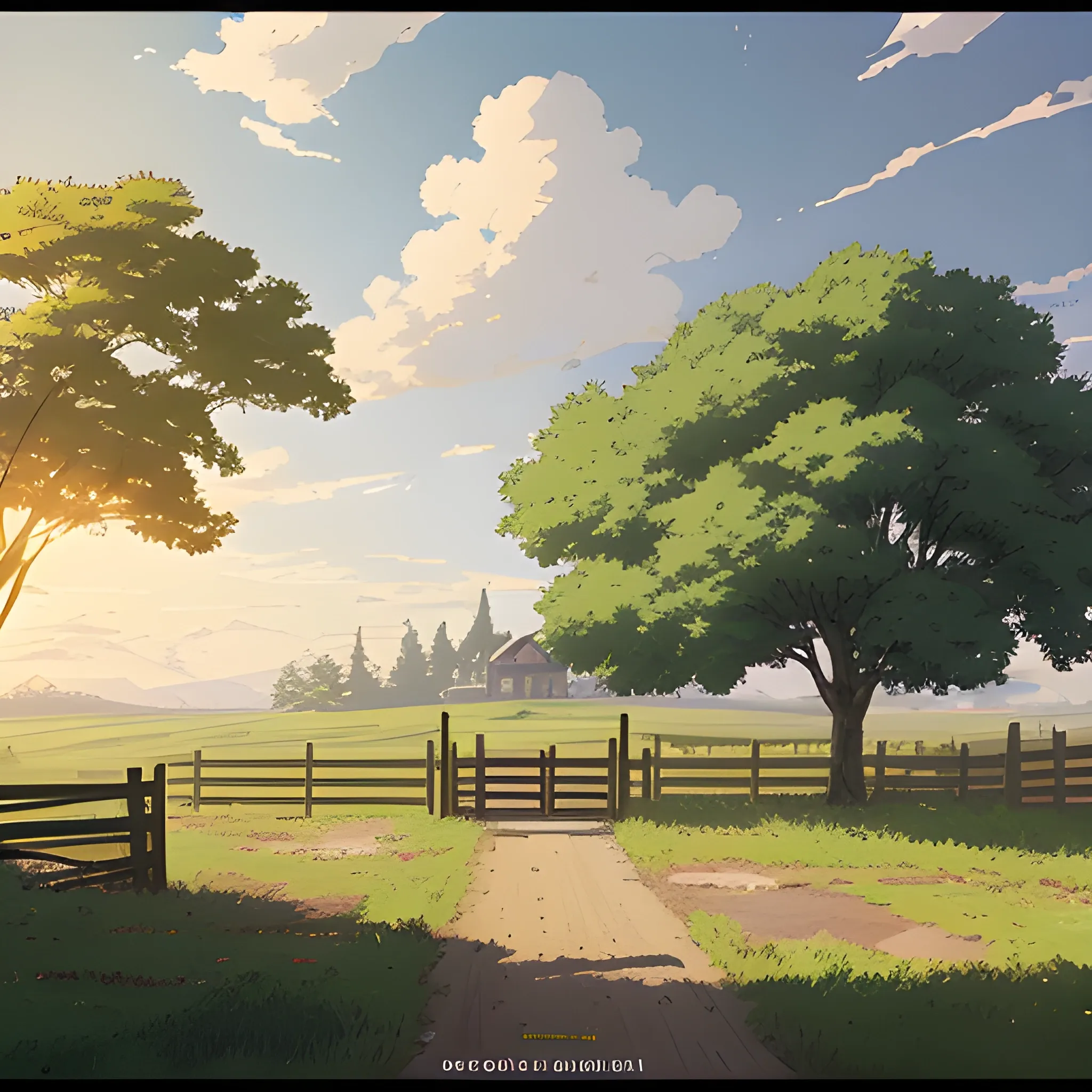 in the style of makoto shinkai and greg rutkowski and albert bierstadt and james gurney，

Outside a house in the countryside with a fence outside and 2 trees in the yard
