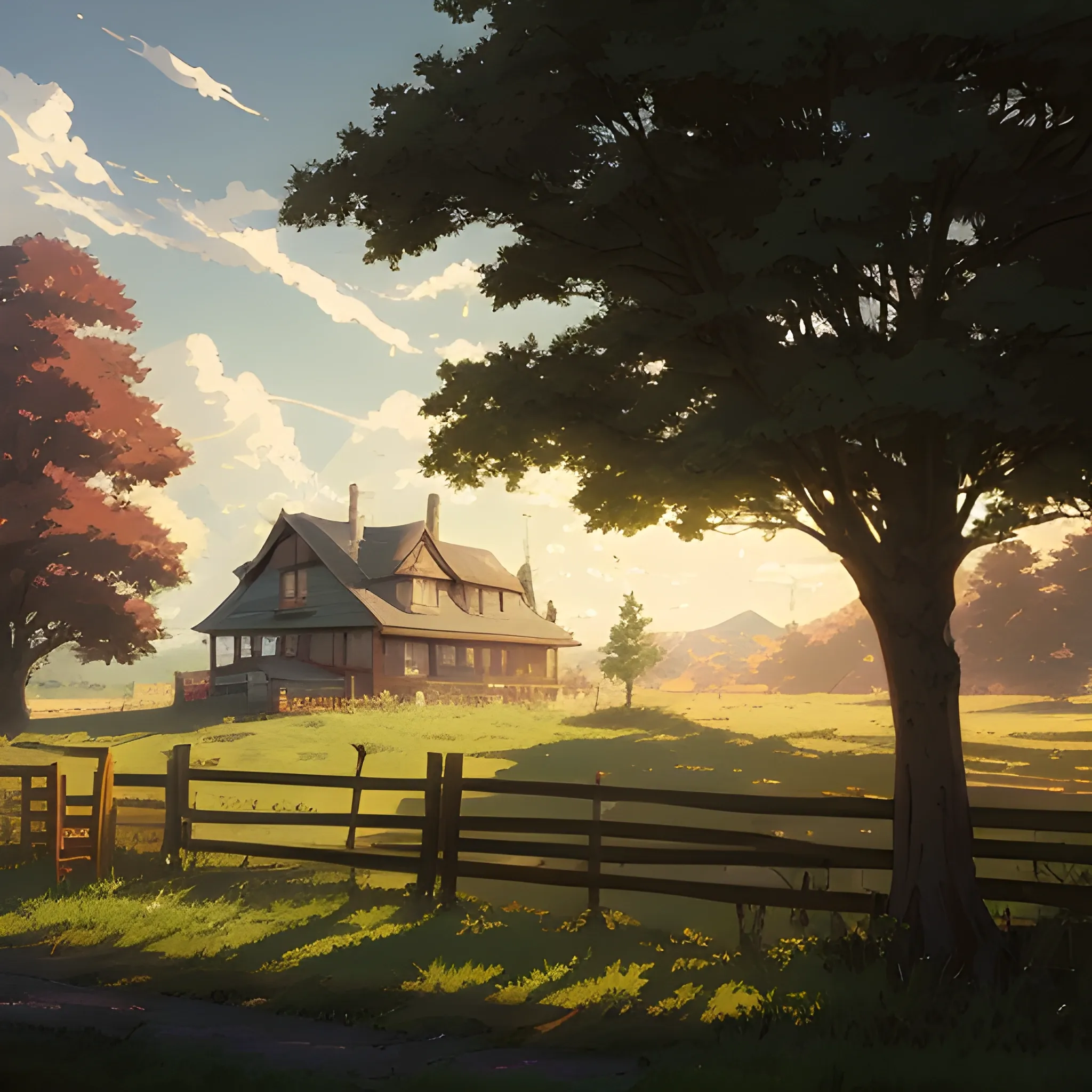 in the style of makoto shinkai and greg rutkowski and albert bierstadt and james gurney，

Outside a house in the countryside with a fence outside and 2 trees in the yard
The house should be highlighted in the picture
