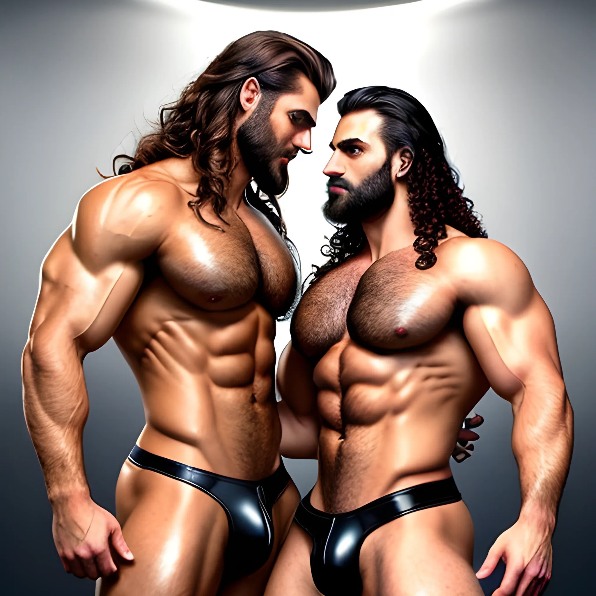 2 muscularDude's,kissing,
 with expansive Wings and different hairstyle,handsome,beauty's,muscle, no blurry,dark eyes,hyperealistic ,german, tanned skin,long curly hair,colorful hair,colorfull small leather tanga with gold details,same facial halves, bulge ,happy,whole body with legs,big bulge,dark piercing eyes,huge bulge,hairy,fine details, young,two identical symmetrical eyes,same colofull eyes, stubble ,blond,very long hair cascading over a hairy Chest,reminiscent of an Angel