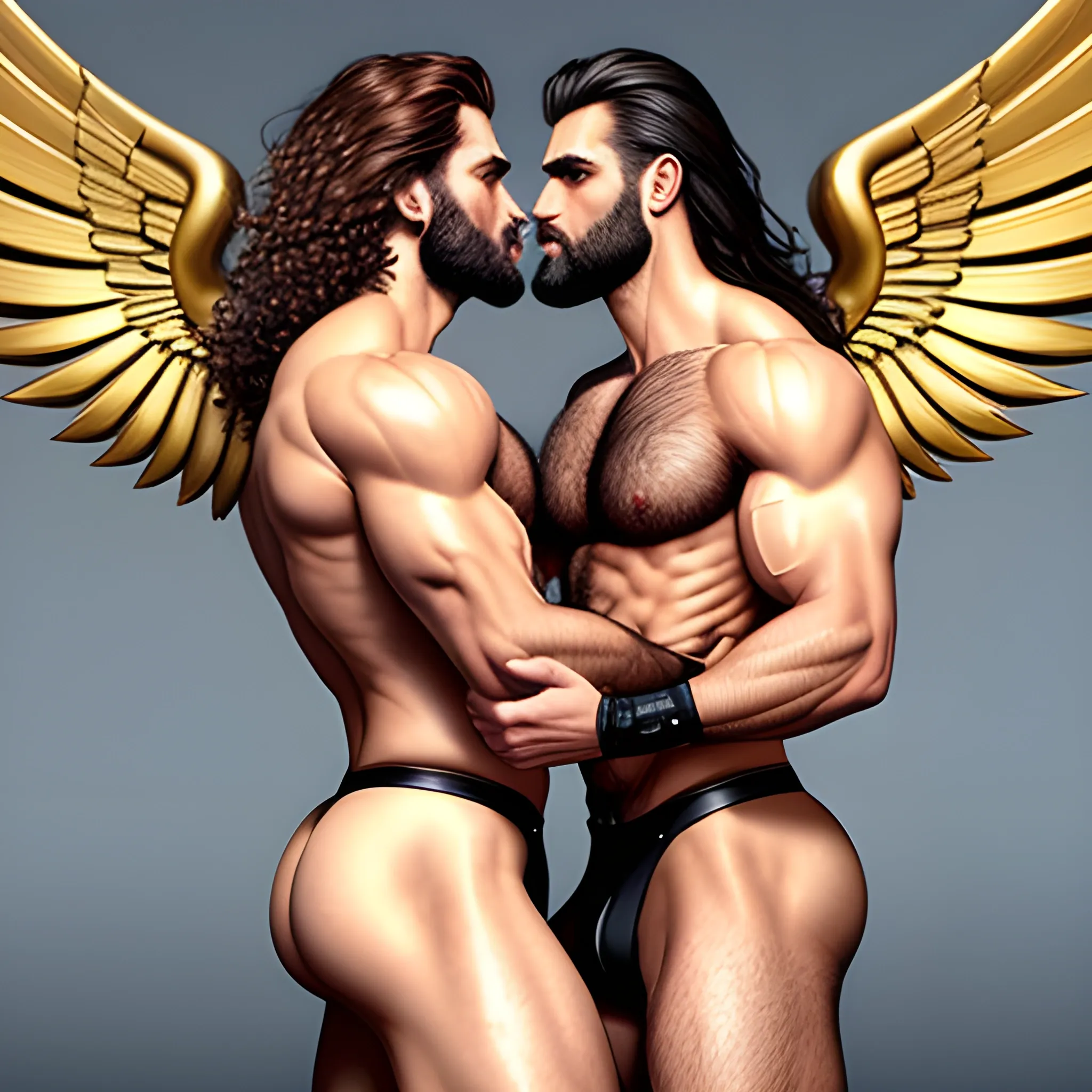 2 muscularDude's,kissing,
 with expansive Wings and different hairstyle,handsome,beauty's,muscle, no blurry,dark eyes,hyperealistic ,german, tanned skin,long curly hair,colorful hair,colorfull small leather tanga with gold details,same facial halves, bulge ,happy,whole body with legs,big bulge,dark piercing eyes,huge bulge,hairy,fine details, young,two identical symmetrical eyes,same colofull eyes, stubble ,blond,very long hair cascading over a hairy Chest,reminiscent of an Angel