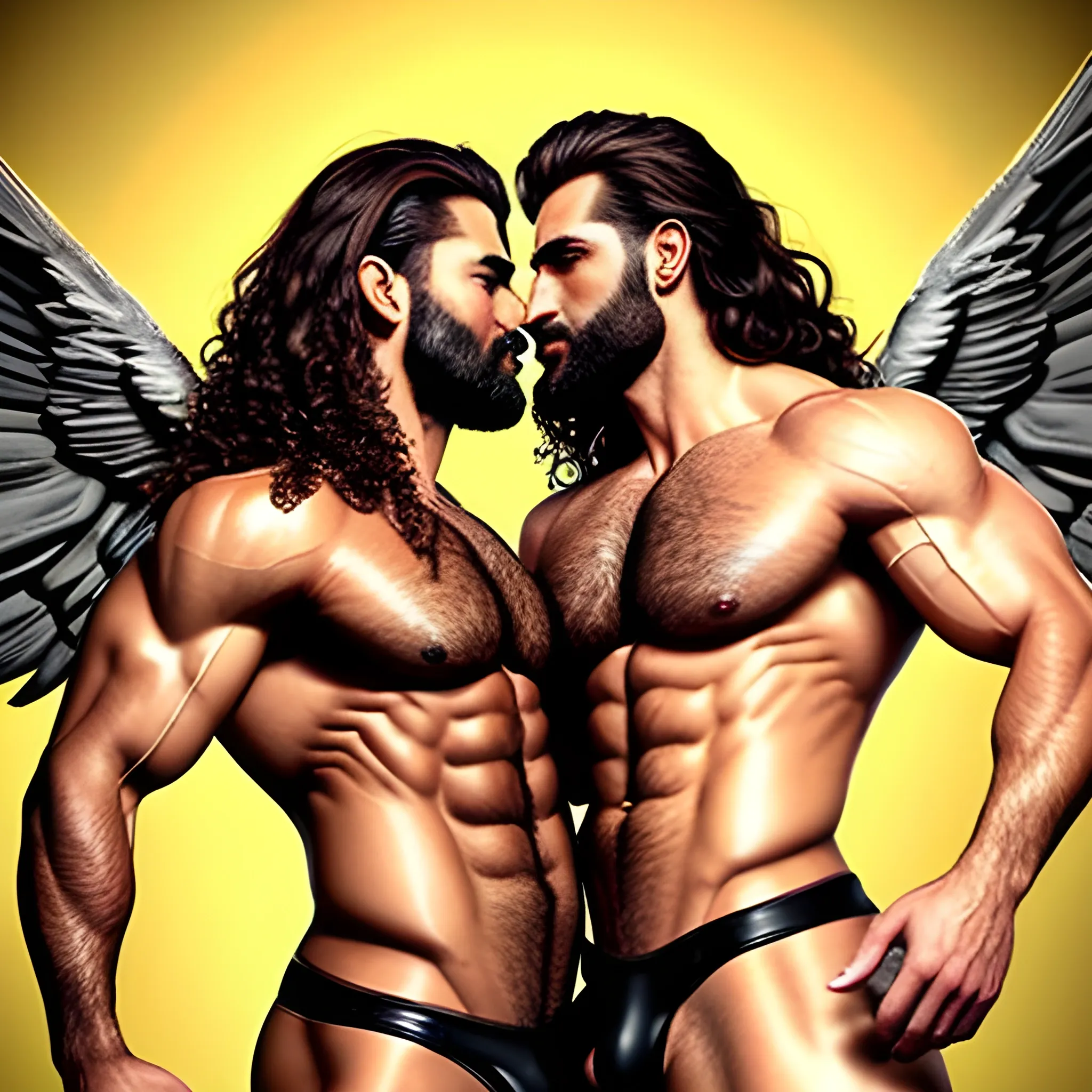 2 muscularDude's,kissing,
 with expansive Wings and different hairstyle,handsome,beauty's,muscle, no blurry,dark eyes,hyperealistic ,german, tanned skin,long curly hair,colorful hair,colorfull small leather tanga with gold details,same facial halves, bulge ,happy,whole body with legs,big bulge,dark piercing eyes,huge bulge,hairy,fine details, young,two identical symmetrical eyes,same colofull eyes, stubble ,blond,very long hair cascading over a hairy Chest,reminiscent of an Angel