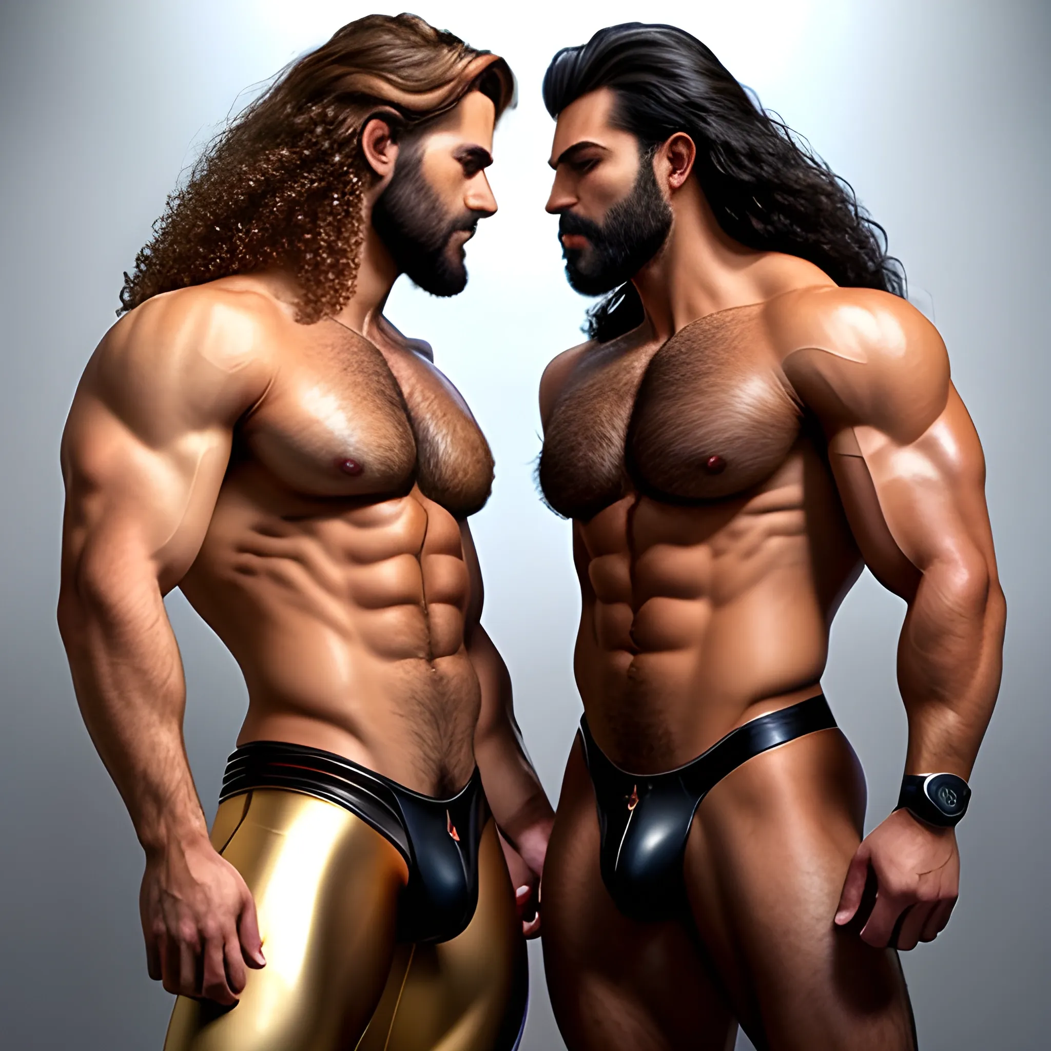 2 muscularDude's,kissing,
 with expansive Wings and different hairstyle,handsome,beauty's,muscle, no blurry,dark eyes,hyperealistic ,german, tanned skin,long curly hair,colorful hair,colorfull small leather tanga with gold details,same facial halves, bulge ,happy,whole body with legs,big bulge,dark piercing eyes,huge bulge,hairy,fine details, young,two identical symmetrical eyes,same colofull eyes, stubble ,blond,very long hair cascading over a hairy Chest,reminiscent of an Angel
