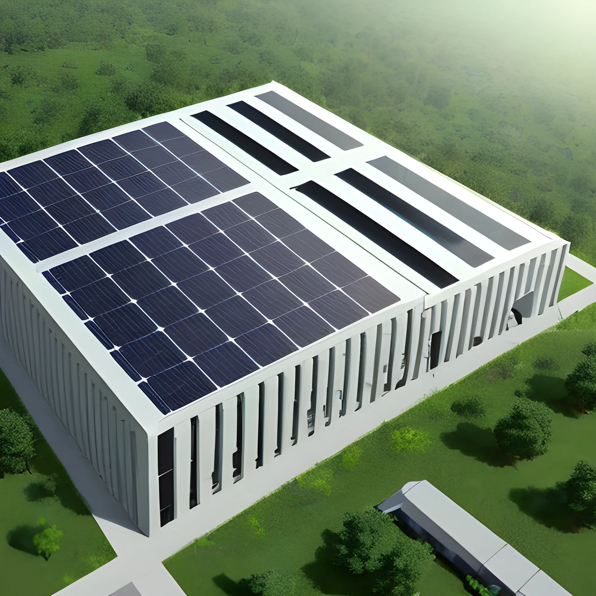 I need a picture of a building that will use photovoltaics. Preferably a larger facility with surroundings (parking lot, people, nature). The design should be some building for a game
