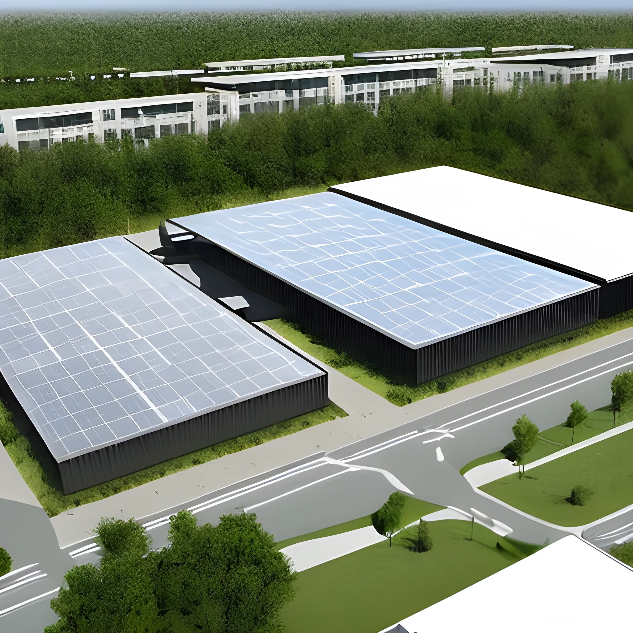 I need a picture of a building that will use photovoltaics. Preferably a larger facility with surroundings (parking lot, people, nature). Give me building with surroundings without background
