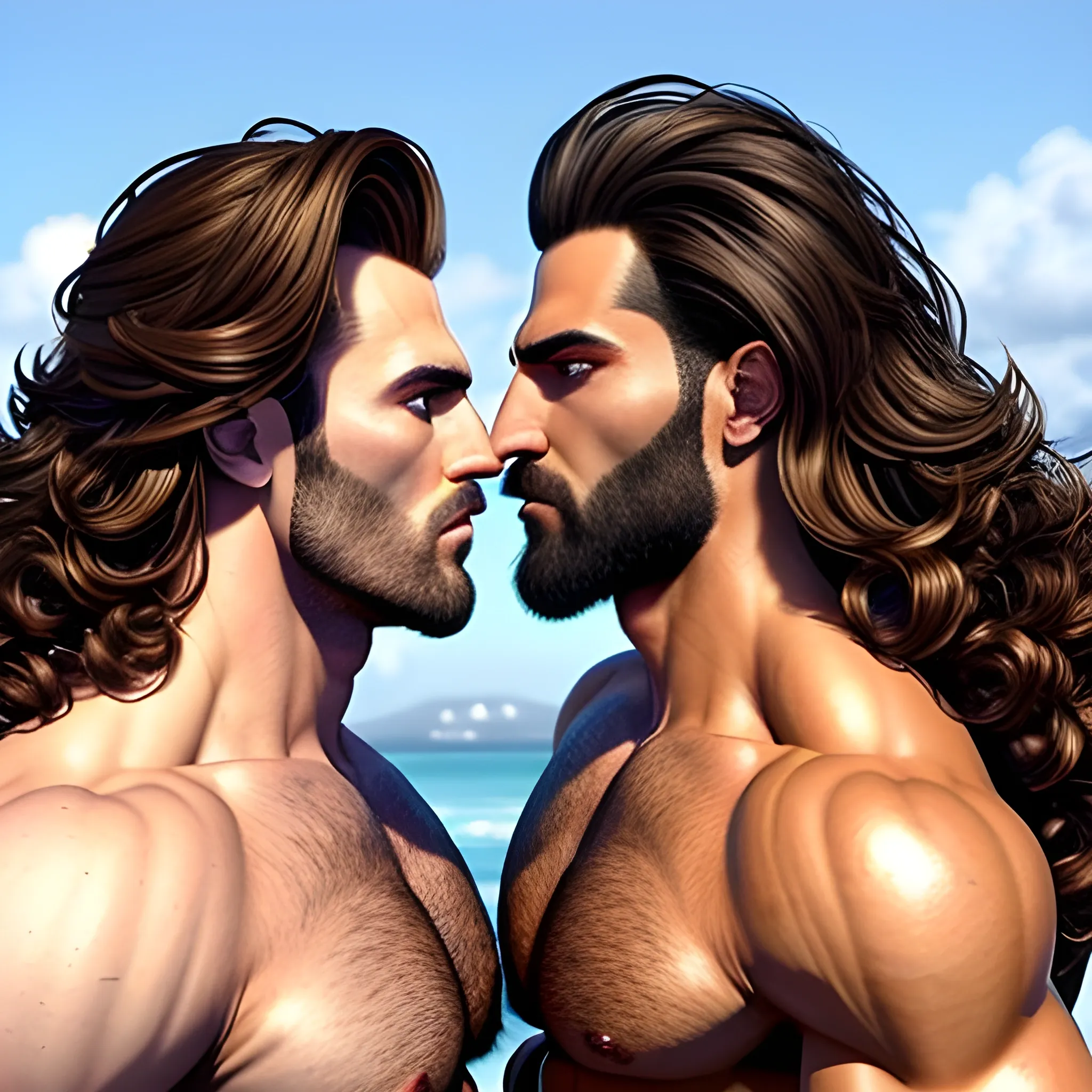 2 muscularDude's,kissing,
 with expansive Wings and different hairstyle,handsome,beauty's,muscle, no blurry,dark eyes,hyperealistic ,german, tanned skin,long curly hair,colorful hair,colorfull small leather tanga with gold details,same facial halves, bulge ,happy,whole body with legs,big bulge,dark piercing eyes,huge bulge,hairy,fine details, young,two identical symmetrical eyes,same colofull eyes, stubble ,blond,very long hair cascading over a hairy Chest,reminiscent of an Angel