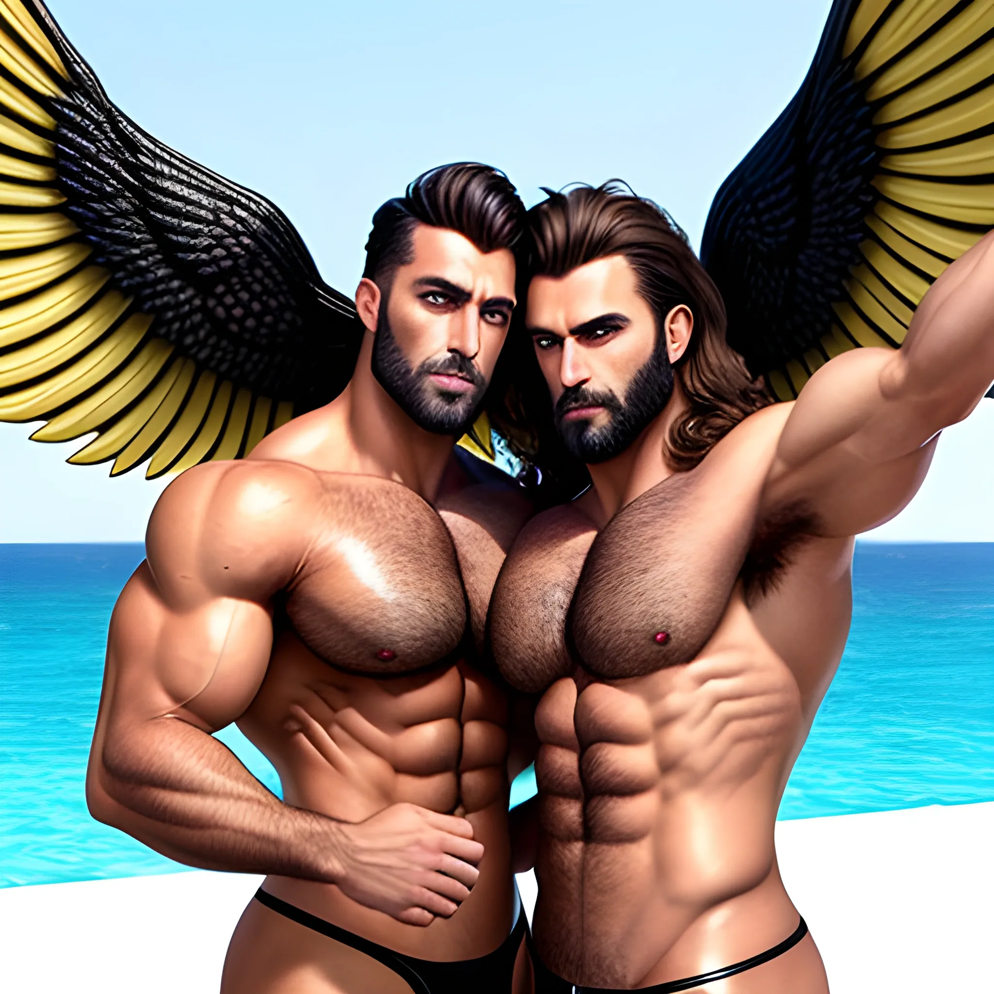 2 muscularDude's,kissing,
 with expansive Wings and different hairstyle,handsome,beauty's,muscle, no blurry,dark eyes,hyperealistic ,german, tanned skin,long curly hair,colorful hair,colorfull small leather tanga with gold details,same facial halves, bulge ,happy,whole body with legs,big bulge,dark piercing eyes,huge bulge,hairy,fine details, young,two identical symmetrical eyes,same colofull eyes, stubble ,blond,very long hair cascading over a hairy Chest,reminiscent of an Angel