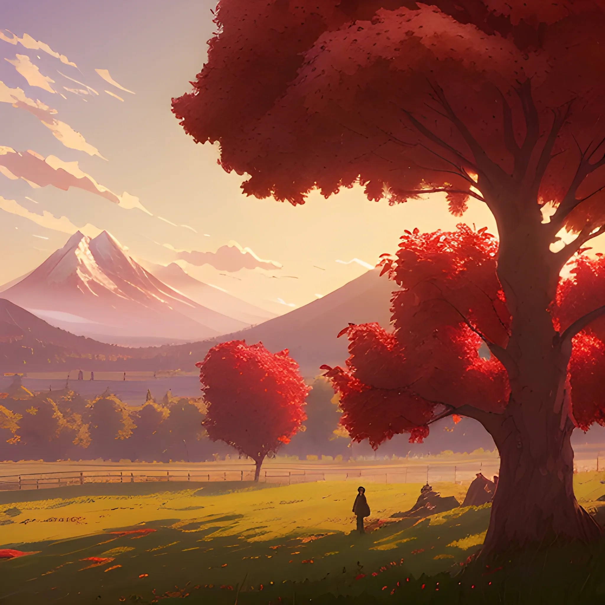 in the style of makoto shinkai and greg rutkowski and albert bierstadt and james gurney，

Nearby are two apple trees, full of red apples, and in the distance are mountains and trees