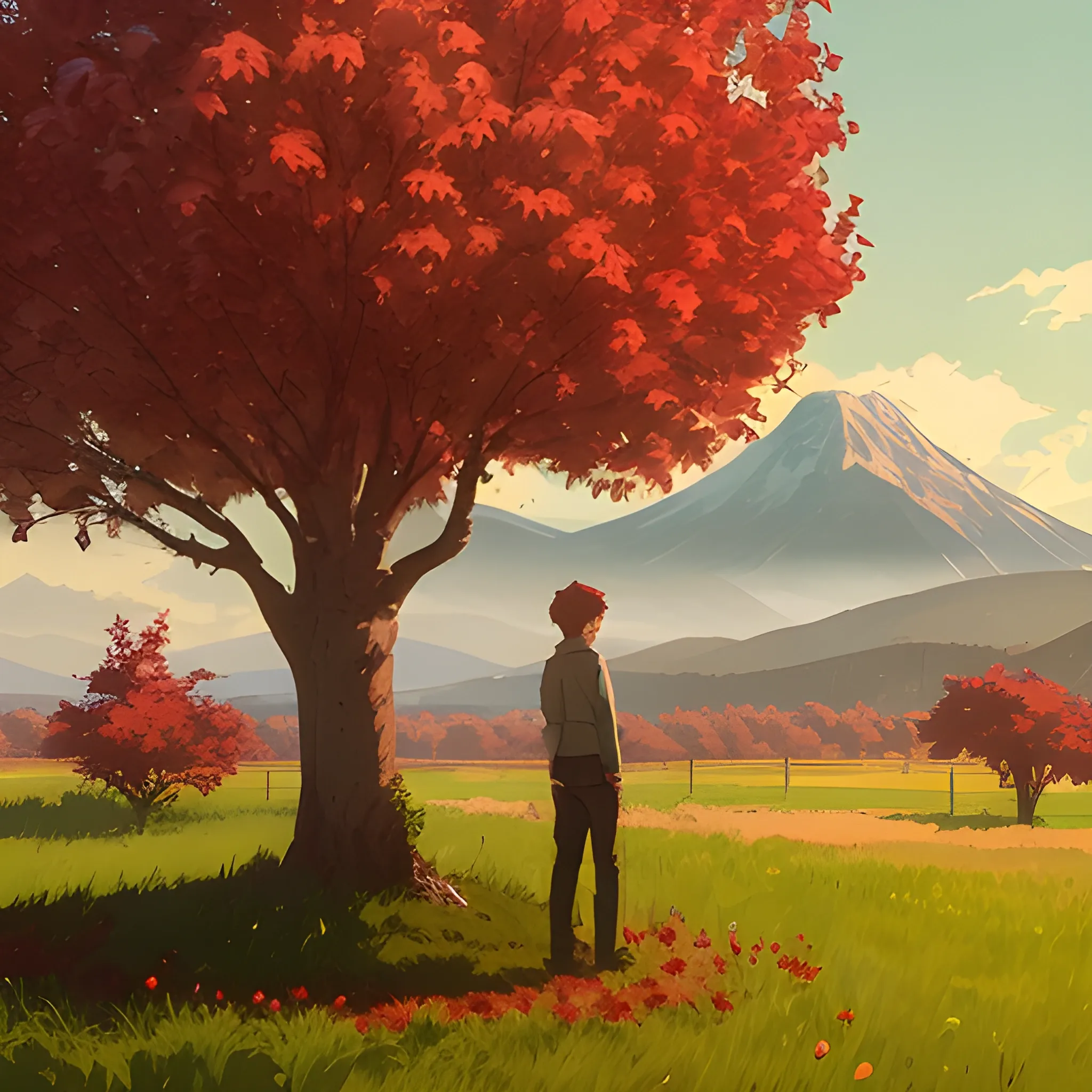 in the style of makoto shinkai and greg rutkowski and albert bierstadt and james gurney，

Nearby are two apple trees, full of red apples, and in the distance are mountains and trees