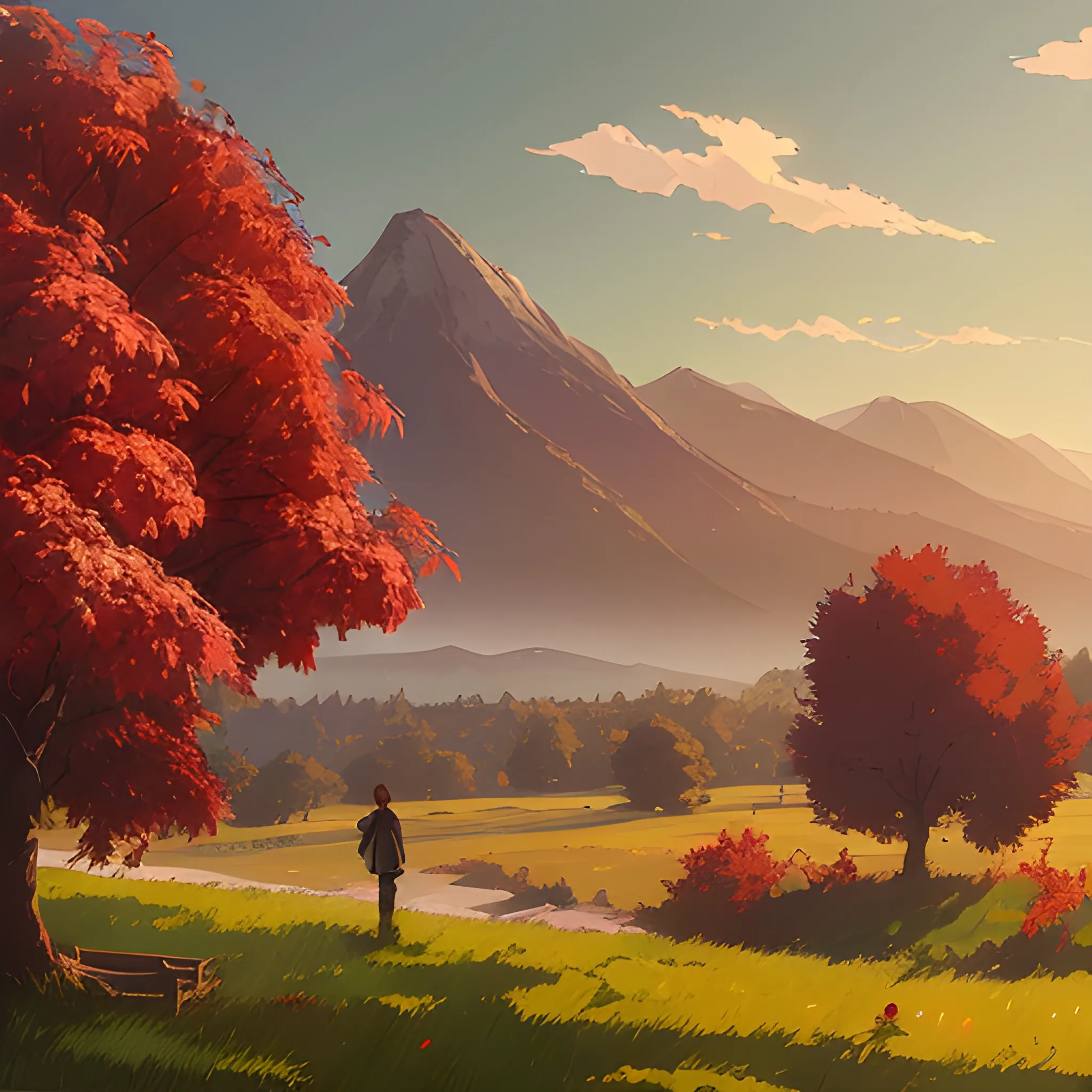 in the style of makoto shinkai and greg rutkowski and albert bierstadt and james gurney，

Nearby are two apple trees, full of red apples, and in the distance are mountains and trees
NO people should appear in the picture