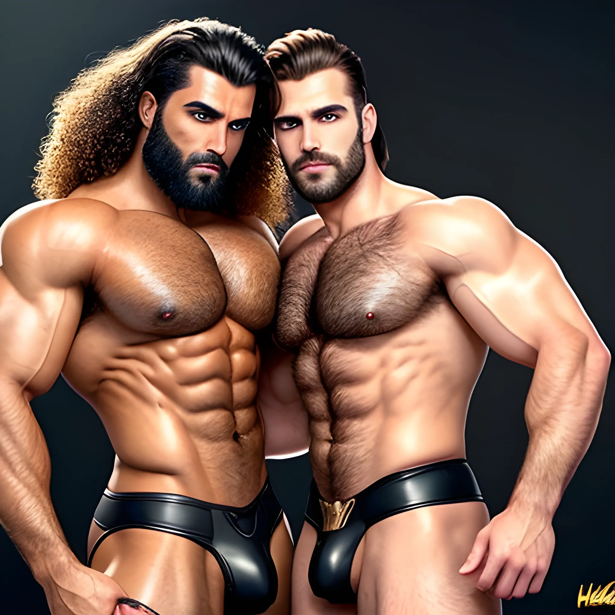 2 muscularDude's,kissing,
 with expansive Wings and different hairstyle,handsome,beauty's,muscle, no blurry,dark eyes,hyperealistic ,german, tanned skin,long curly hair,colorful hair,colorfull small leather tanga with gold details,same facial halves, bulge ,happy,whole body with legs,big bulge,dark piercing eyes,huge bulge,hairy,fine details, young,two identical symmetrical eyes,same colofull eyes, stubble ,blond,very long hair cascading over a hairy Chest,reminiscent of an Angel