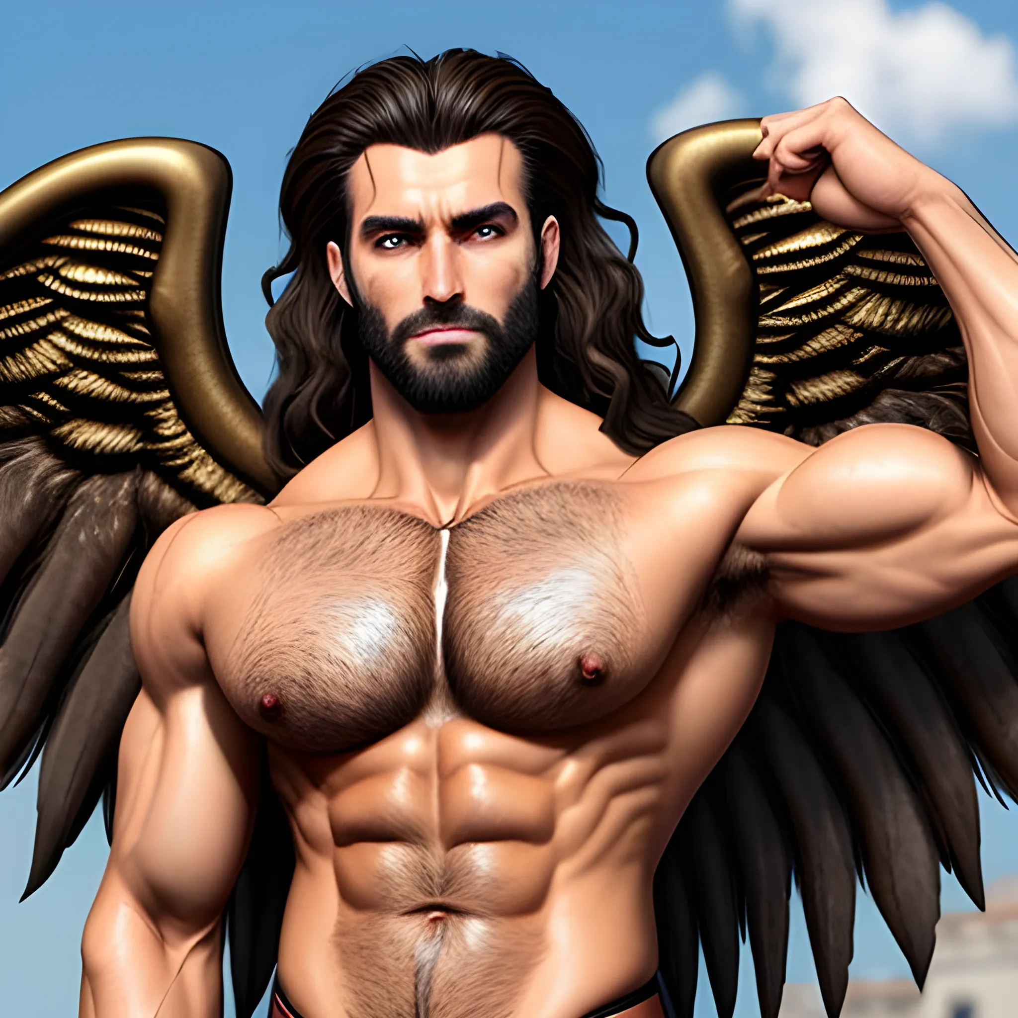 2 muscularDude's,kissing,
 with expansive Wings and different hairstyle,handsome,beauty's,muscle, no blurry,dark eyes,hyperealistic ,german, tanned skin,long curly hair,colorful hair,colorfull small leather tanga with gold details,same facial halves, bulge ,happy,whole body with legs,big bulge,dark piercing eyes,huge bulge,hairy,fine details, young,two identical symmetrical eyes,same colofull eyes, stubble ,blond,very long hair cascading over a hairy Chest,reminiscent of an Angel