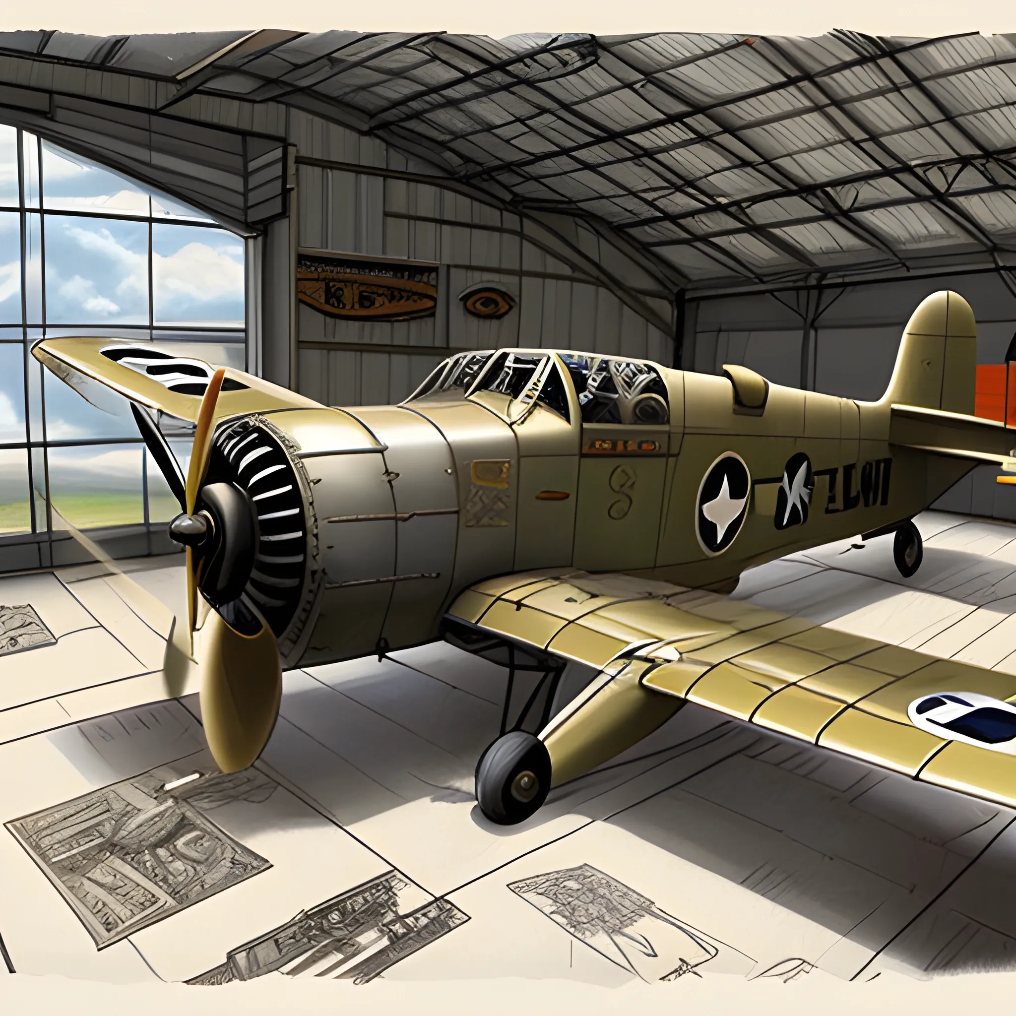 dieselpunk, best quality, biplane, world war 2 bomber, fantasy,, 8k, colored,  in hangar, repairing, Pencil Sketch