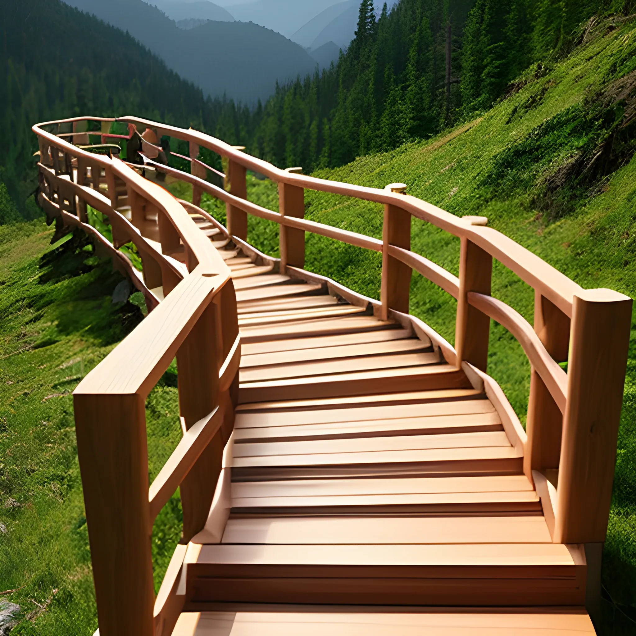 Generate a wooden radial path up the mountain, wooden handrails, extending upward, Cartoon