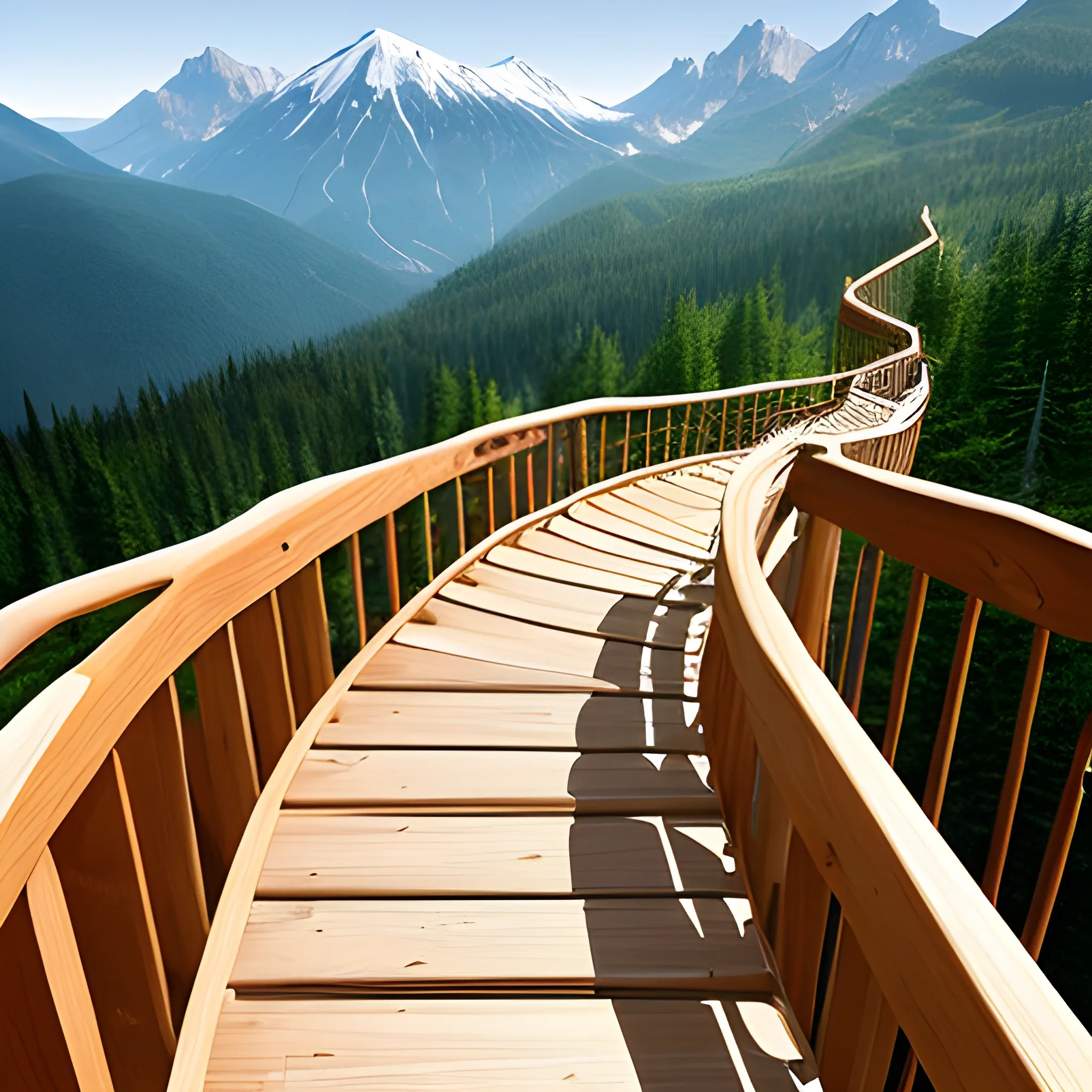 Generate a wooden radial path up the mountain, wooden handrails, extending upward, Cartoon